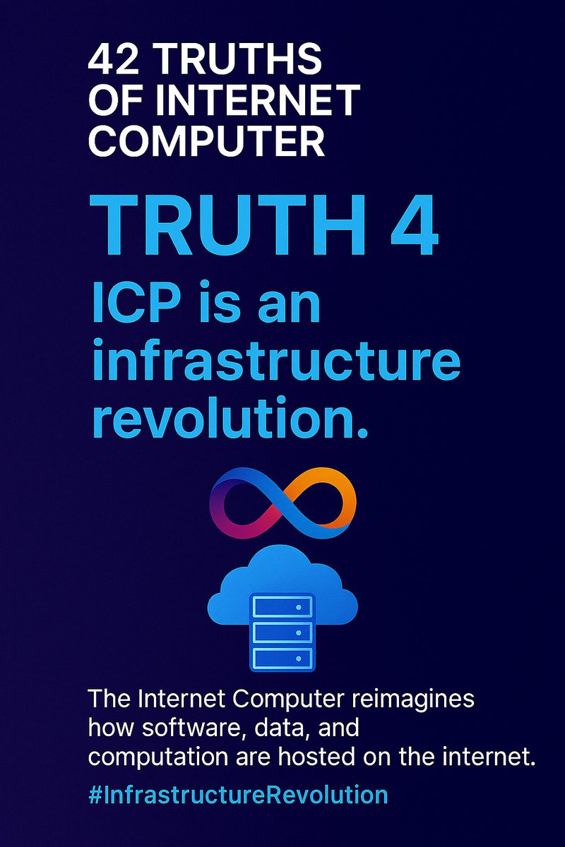 iPhelipeVR's tweet image. 42 Truths of #InternetComputer

4. #ICP is an infrastructure revolution.
The Internet Computer reimagines how software, data, and computation are hosted on the internet.

#InfrastructureRevolution