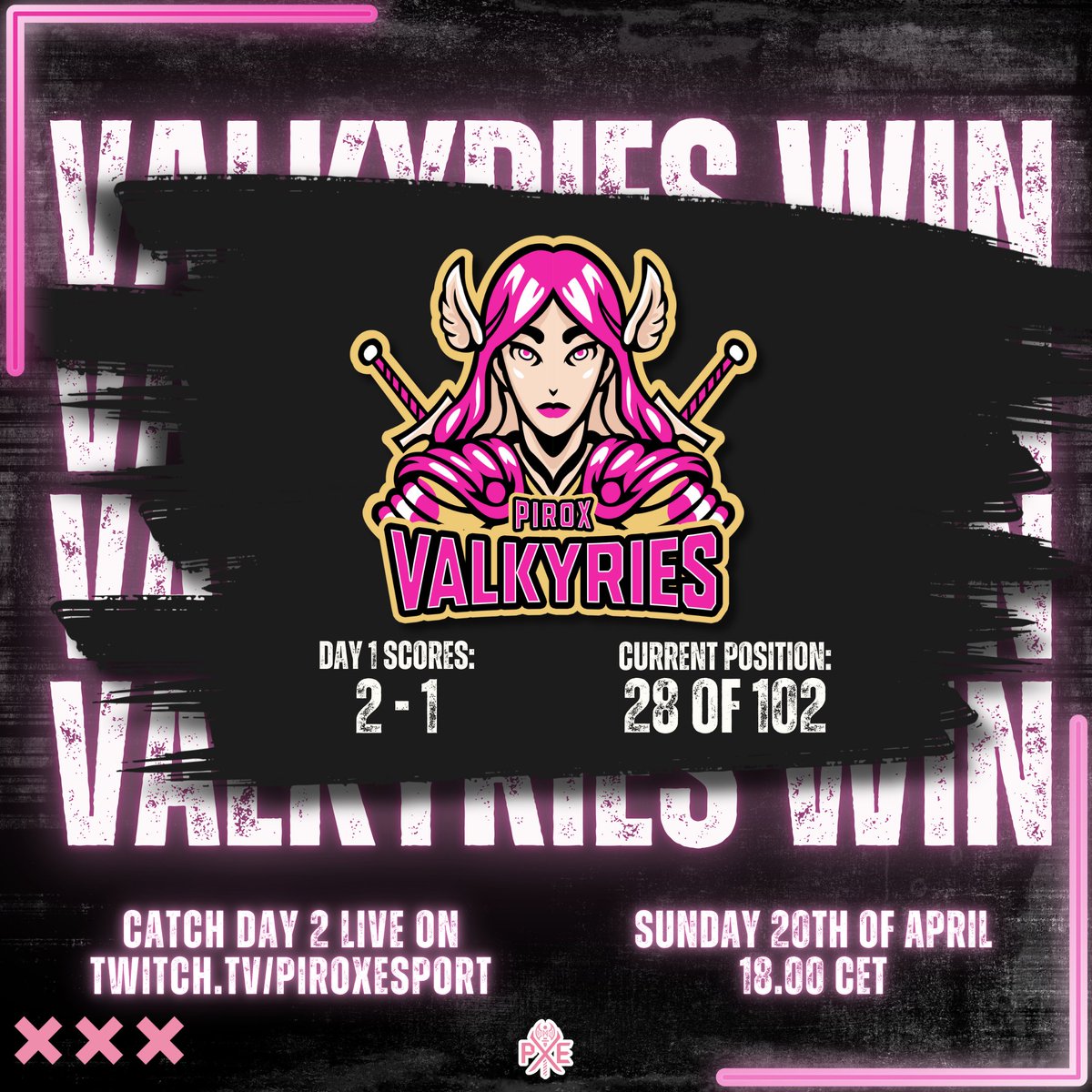 Day 1 Recap – Pirox Valkyries

We kicked off the qualifier for VCT Game Changers with a solid 2-1 record on Day 1 – great plays, big moments, and some intense rounds! The grind continues tomorrow with 4 more matches on Day 2, and we’re ready to fight for the top spot!

Currently