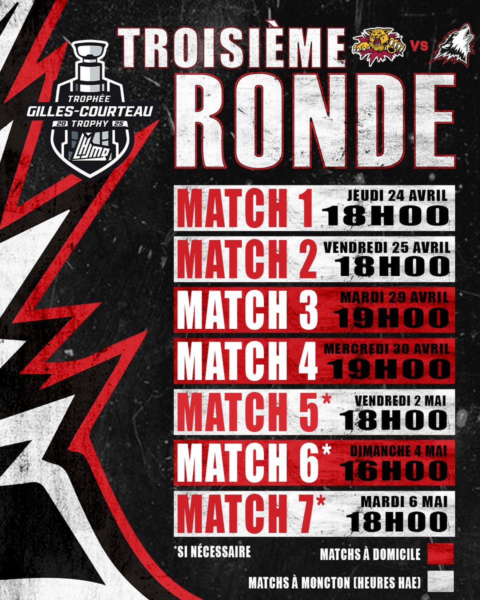 🚨🚨 TROISIÈME RONDE 🚨🚨

Les Huskies font partie du carré d'as de la LHJMQ 🏒🐺

Ça commence ce jeudi, à Moncton!

GO HUSKIES GO 🔥

#HuskiesRN #LaVilleEstHuskies