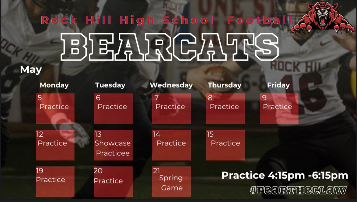 RHBearcats's tweet photo. Rock Hill Football Spring Practice Schedule! Please know the schedule is subject to change! https://t.co/Tals9ChAXs