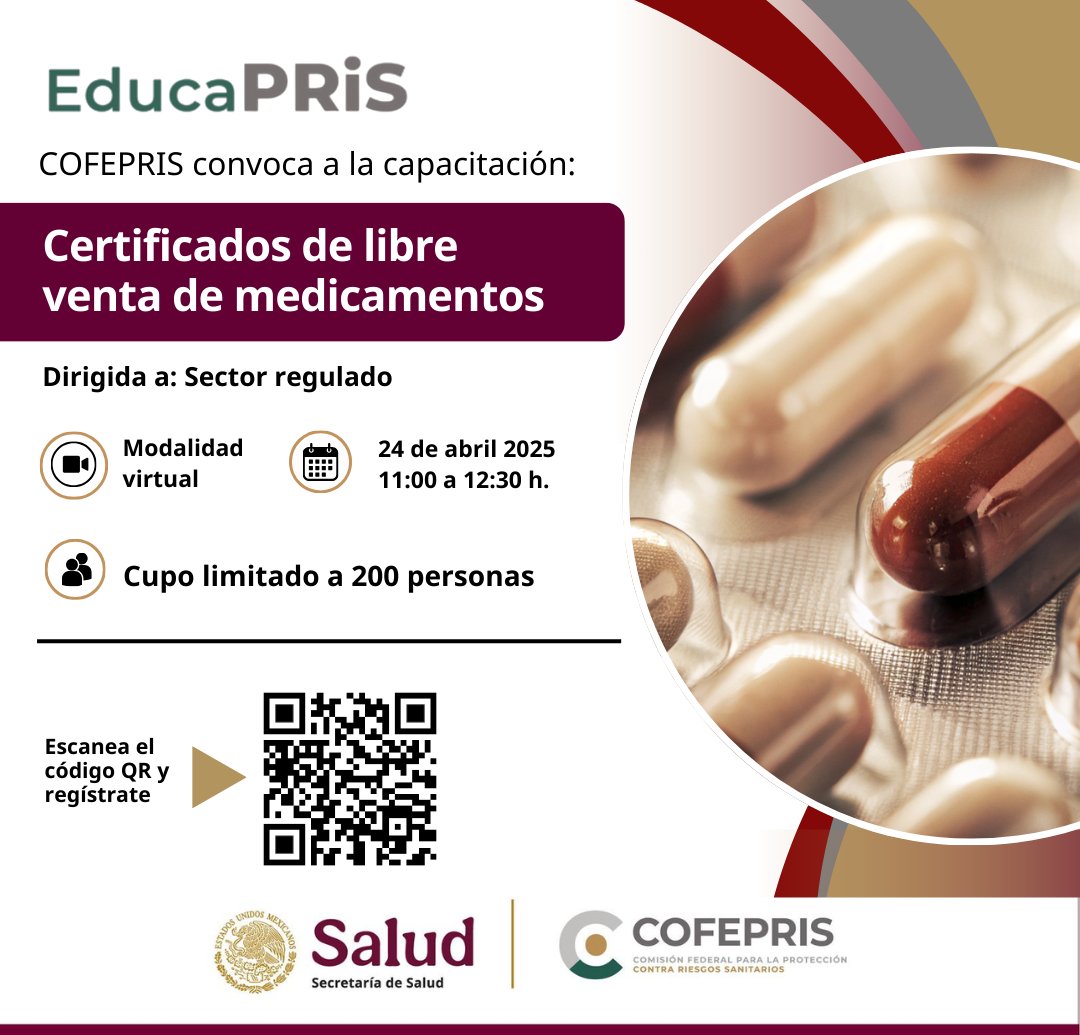 Armidaze's tweet photo. #COFEPRISInforma que #EducaPRiS vuelve.

Esta autoridad sanitaria dará capacitaciones a través de #EducaPRiS, las cuales serán gratuitas y de manera virtual. Para participar, los interesados deberán registrarse a través del código QR incluido en la imagen.

Previo al inicio de cada sesión se pasará lista y se aplicará un cuestionario para  conocer el nivel de conocimiento de los participantes sobre el tema que se presentará. Al concluir la sesión, se proporcionará un enlace para realizar una evaluación final.

@COFEPRIS emitirá constancias a aquellos participantes que tengan una calificación igual o superior a 8, que hayan completado correctamente el registro, el pase de asistencia, así como ambas evaluaciones (inicial y final).

Acompáñanos este jueves 24 de abril, a la primera sesión,  de 11:00 a 12:30h. Se convoca a todos los interesados a conectarse 20 minutos antes para el pase de lista.