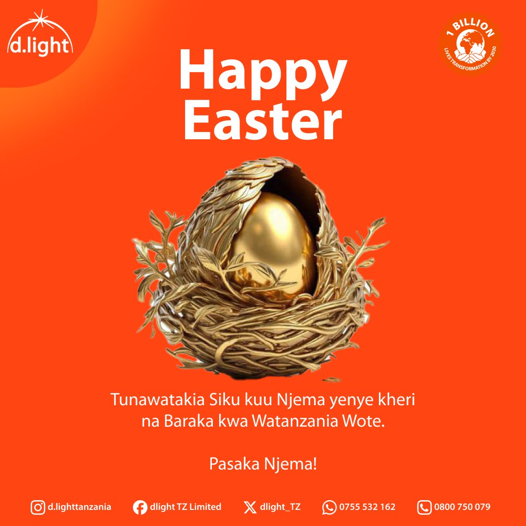 dlight_TZ's tweet photo. Happy Easter from d.light!

Tunawatakia Pasaka yenye furaha, amani, na baraka tele kwa Watanzania wote! 

Pasaka Njema!

#HappyEaster #PasakaNjema #dlightTanzania #NuruYaMaisha #EasterBlessings https://t.co/cUpDQw3btj
