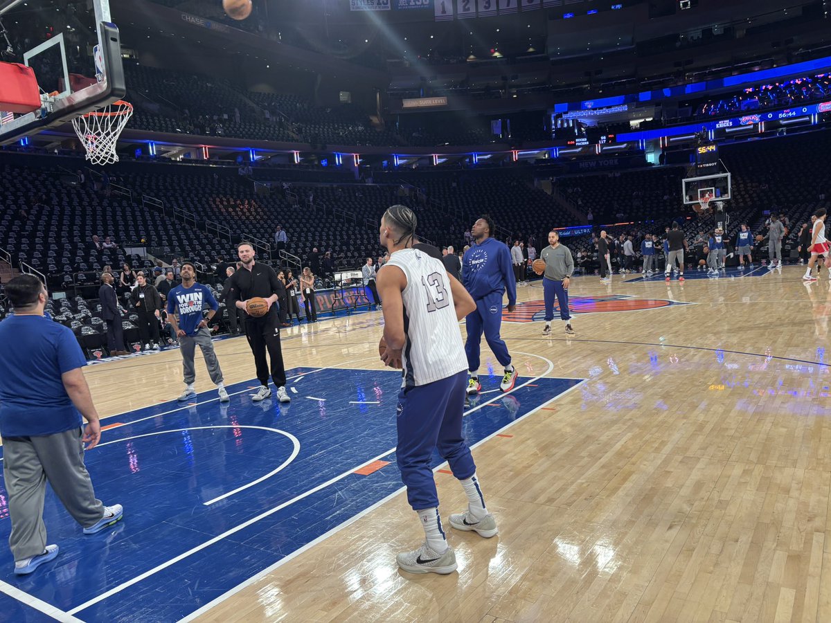 Josh Hart has a Jazz Chisholm custom basketball jersey on during Knick warmups: