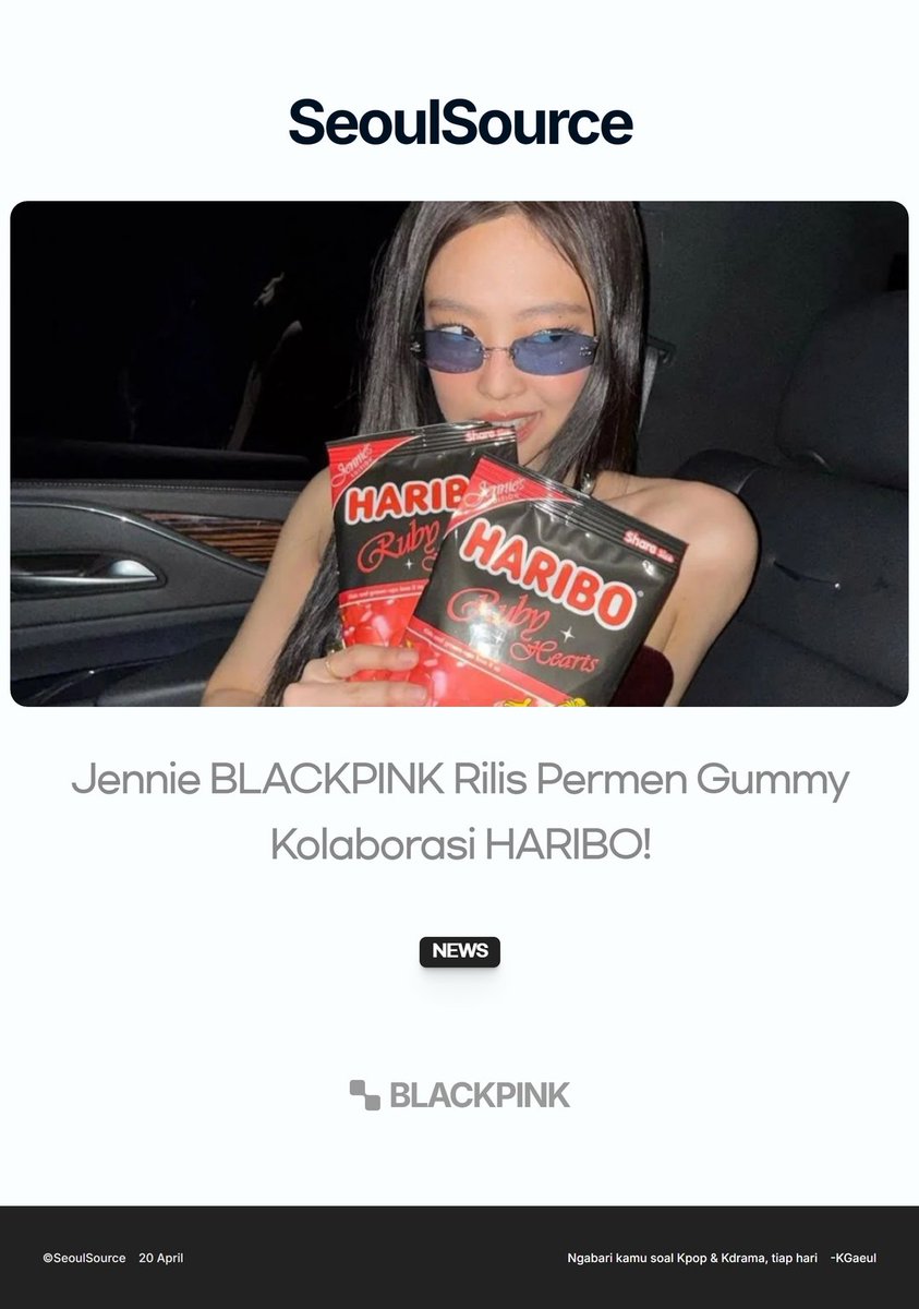 kpopdankdramaid's tweet image. Jennie BLACKPINK Kolaborasi dengan HARIBO Rilis Permen Gummy #RubyHearts! #Jennie #BLACKPINK #HARIBO #Ruby #GummyCandy #Kolaborasi

 Selengkapnya ssmedia.my.id/2025/04/19/jen…
-K.Gaeul