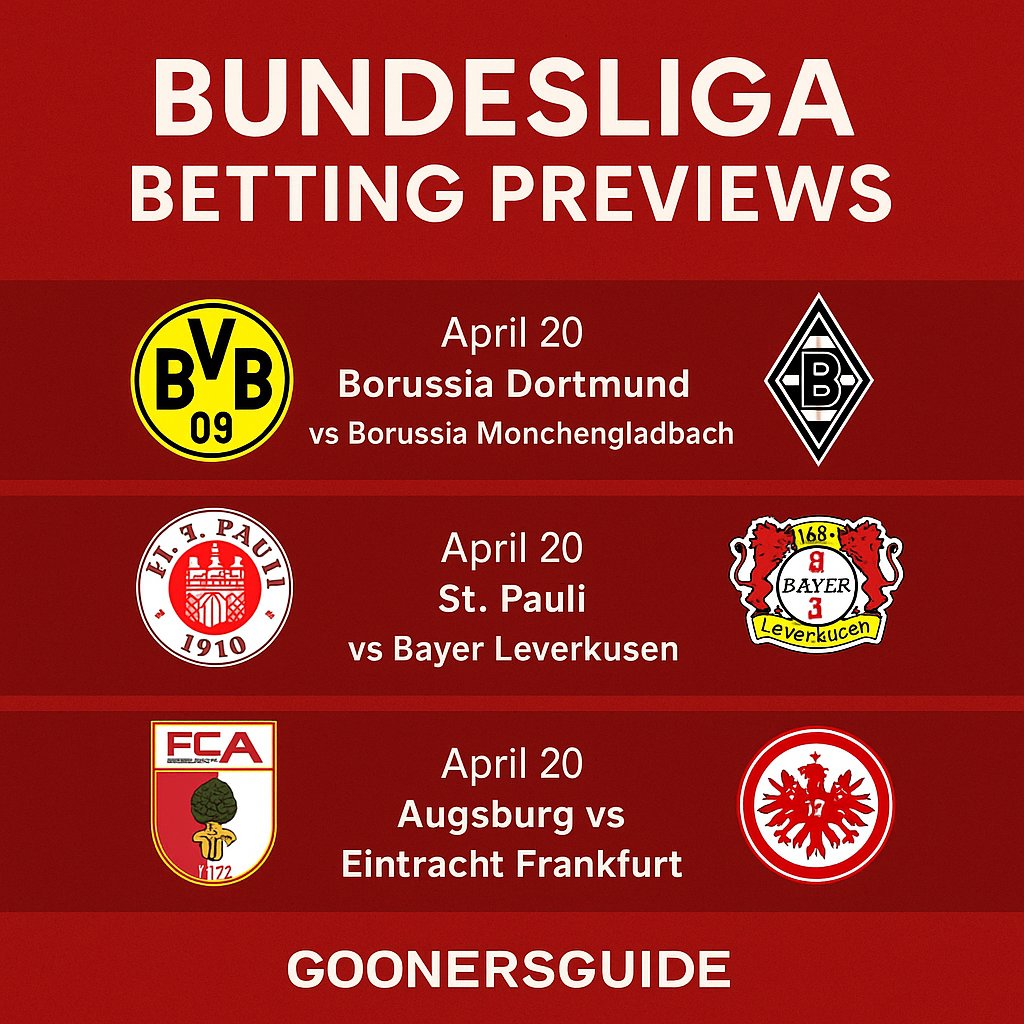GoonersGuide's tweet image. Sunday&apos;s Bundesliga betting previews are LIVE on GoonersGuide! ⚽️
🔥 Dortmund v Gladbach
🔥 St. Pauli v Leverkusen
🔥 Augsburg v Frankfurt
Picks by Niko, sharp &amp;amp; ready ➡️ goonersguide.com/german_footbal…
#Bundesliga #SportsBetting #GoonersGuide
