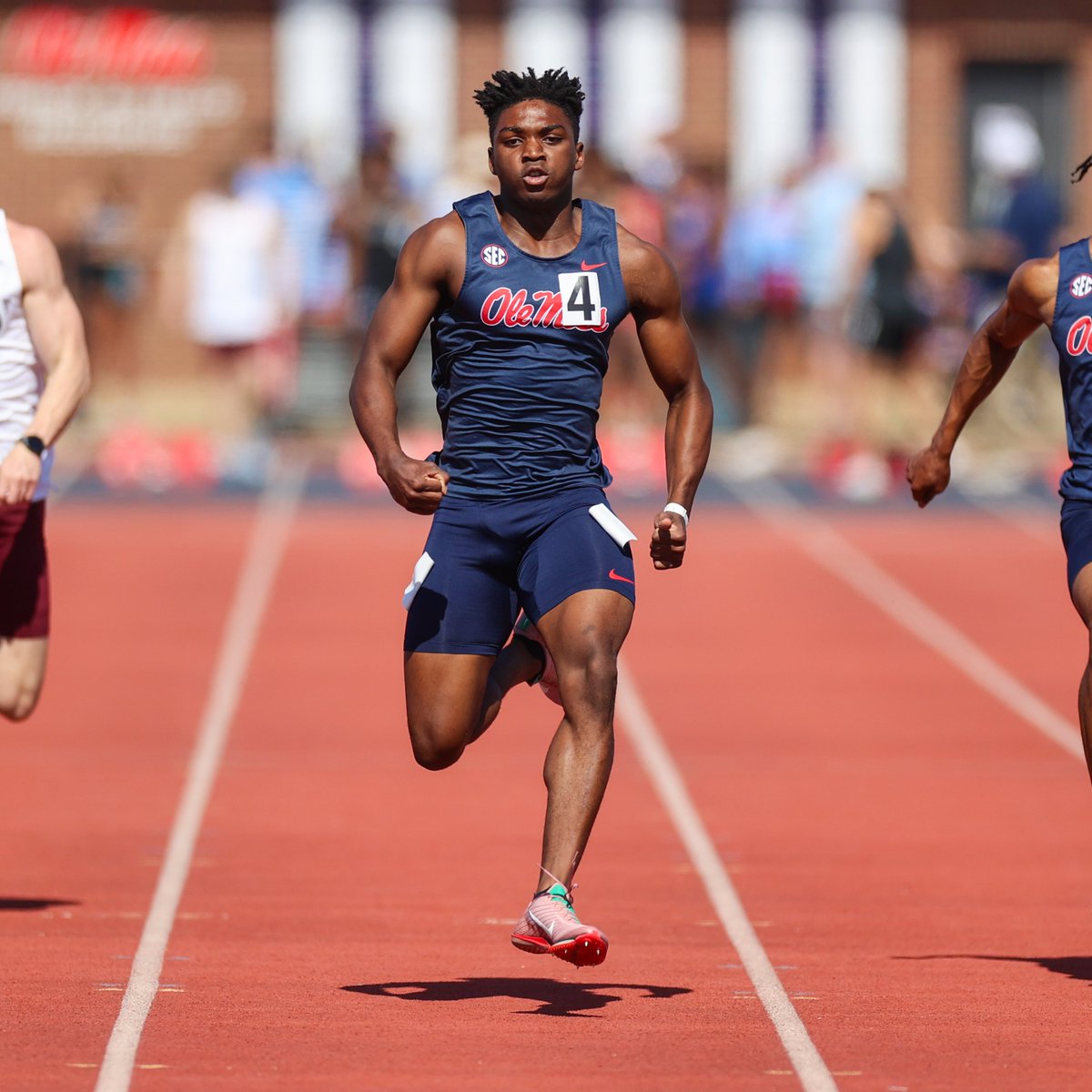 OleMissTrack's tweet photo. 𝟭𝟬𝟬-𝗠𝗲𝘁𝗲𝗿 | JOSEPH MICHEL! 🔥🔥🔥

The Rebel junior clocks in at a slightly windy 10.10 (+2.6) in the invitational section of the 100-meter dash, the fastest all-conditions time at Ole Miss since Olympian Isiah Young in 2013 🤯

#HottyToddy https://t.co/JXKC2yEwbo