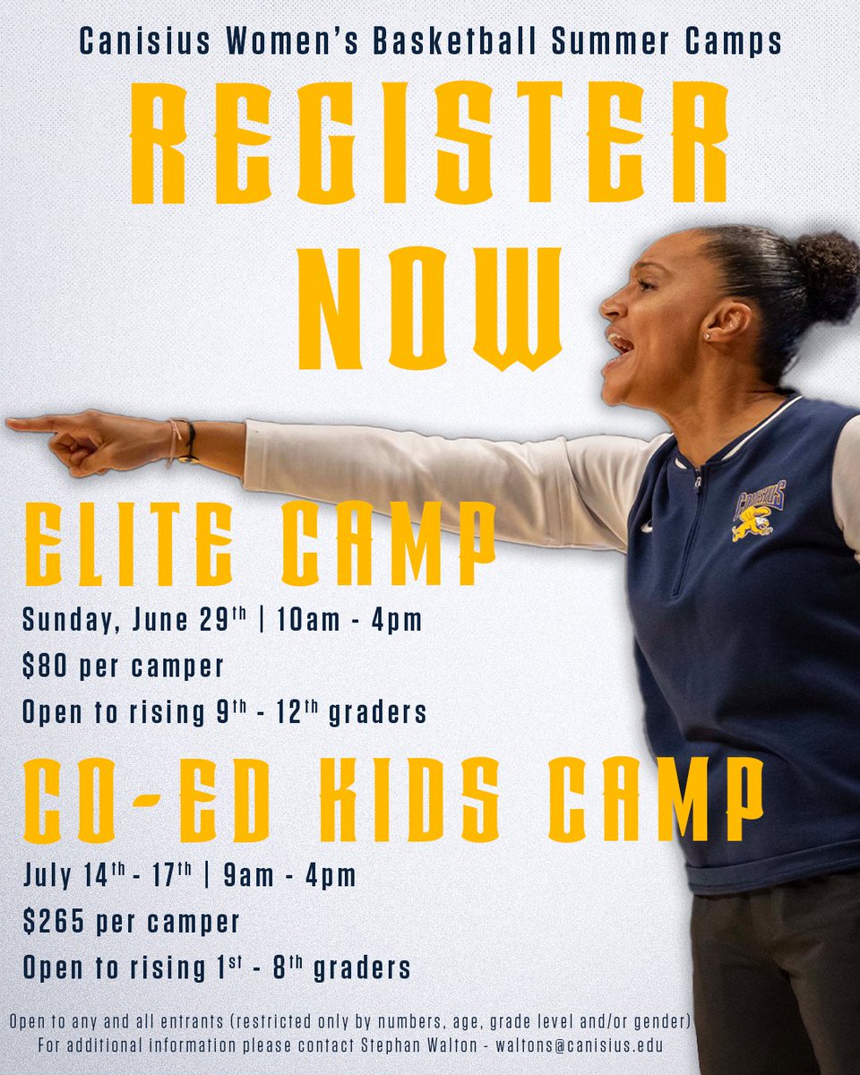 Canisius WBB Camps are now OPEN ‼️ Follow the link below to visit our camp website and register! Register NOW to lock in your spot, we can’t wait to see you this summer!

ELITE CAMP - Sunday June 29th 

CO-ED KIDS CAMP - July 14th - 17th

…nisiuswomensbasketball.totalcamps.com/About%20Us