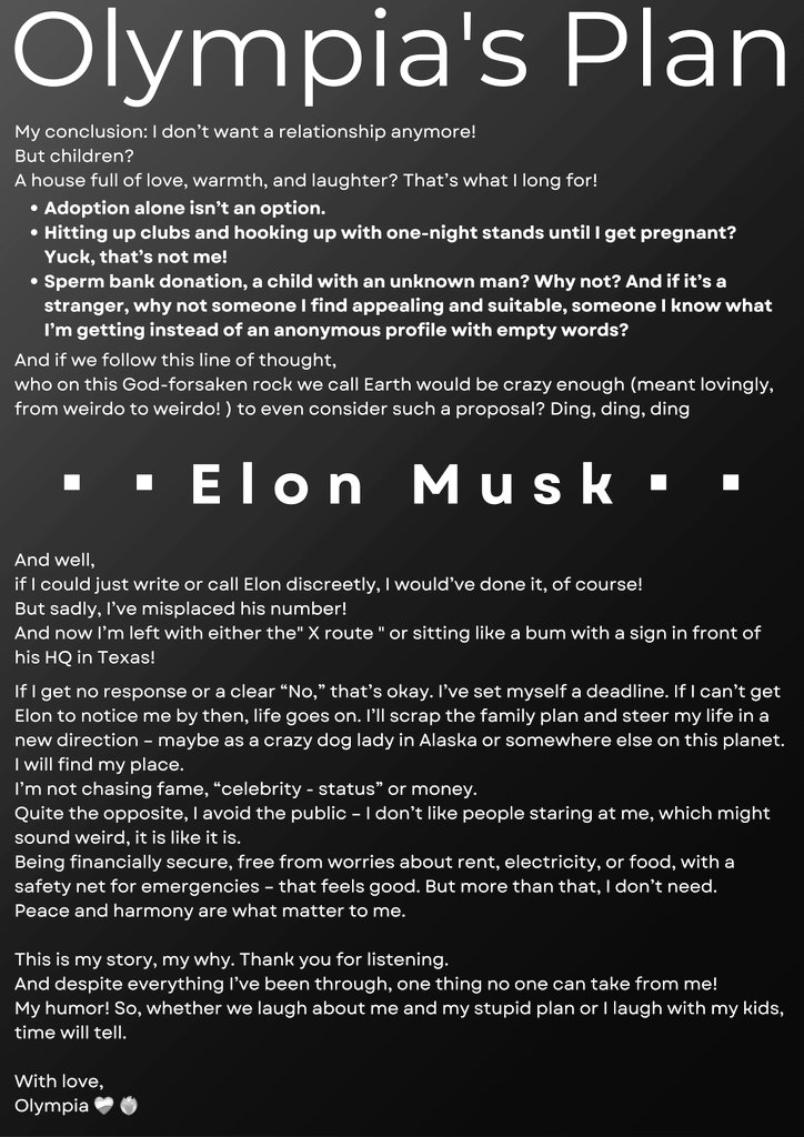 Olympia’s Plan A failed. Plan B: Elon’s help for her family vision! Plan C: Alaska &amp; huskies. Stand by her &amp; share! 
This is her: <a href="/OlympiaSol37169/">Olympia Solis</a>!
<a href="/elonmusk/">Elon Musk</a>!