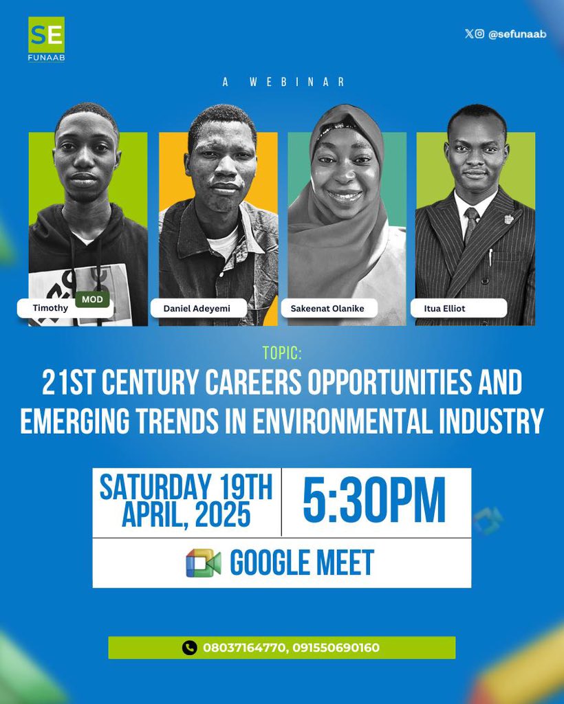sefunaab's tweet photo. The Future of Green Careers is Here! 🌍✨
The environmental industry is booming with exciting career opportunities!

Want to be at the forefront of this green revolution?Are you ready to ride the wave of emerging trends and position yourself for success in the 21st century?
#SDG4 https://t.co/Pkz824ZClc