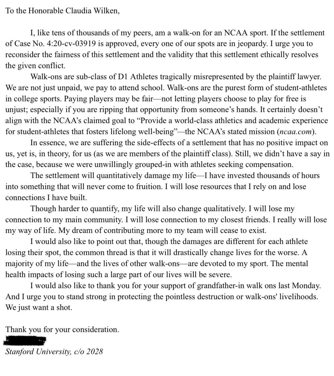 I’m very curious to see how many letters were sent in last week. I keep getting emailed them. Here’s one from Stanford, where Judge Wilken went to school and local to the court. Love this line: “Paying players may be fair—not letting players choose to play for free is unjust.”