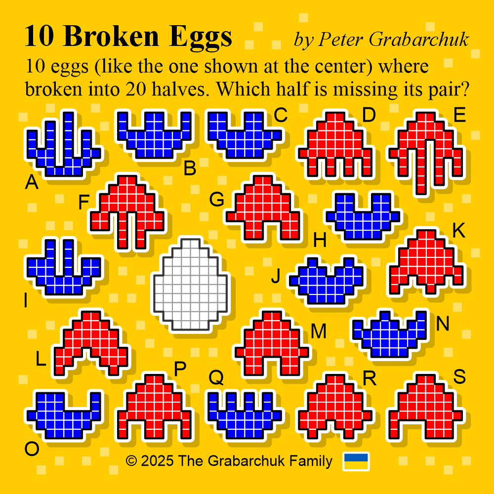 PuzzleMove's tweet photo. 10 Broken Eggs (by Peter Grabarchuk). 10 eggs (like the one shown at the center) have been broken into 20 halves. Which half is missing its pair? Happy Easter! π°
#Grabarchuk #puzzle #EggsPuzzle #EasterPuzzle #visualpuzzle #brainteaser #solve #challenge #think #SupportUkraine πΊπ¦ https://t.co/tqia3GvxIf
