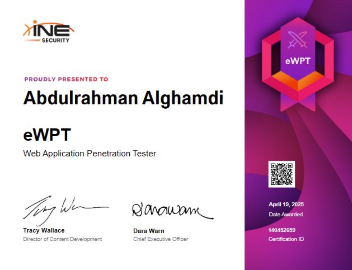 ولله الحمد حصلنا على شهادة eWPTv2 من <a href="/INEsecurity/">INE Security (FKA eLearnSecurity)</a> 
بعد شهور من دراسة المنهج واللابات 

محتوى ممتع واضافة مميزة لاكتساب خبرة اختراق الويب