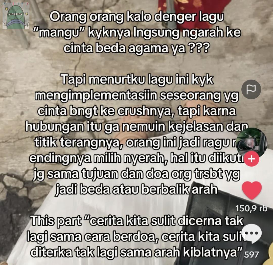 💚 lagu mangu itukan artinya byk bgt ya, versi kalian apa? 

me : tentang ldr yang gatau kapan nyatunya💔