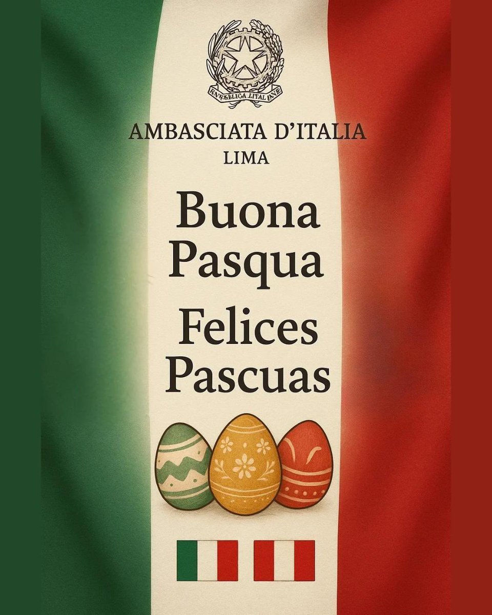 Buona Pasqua a tutti gli italiani in Perù, nel mondo e agli amici dell’Italia.
Che sia un giorno di serenità e vicinanza.
#BuonaPasqua 🇮🇹🫱🏼‍🫲🏽🇵🇪

Feliz Pascua a todos los italianos en Perú, nel mundo y a los amigos de Italia.
Que sea un día de serenidad y cercanía.
🇮🇹🫱🏼‍🫲🏽🇵🇪