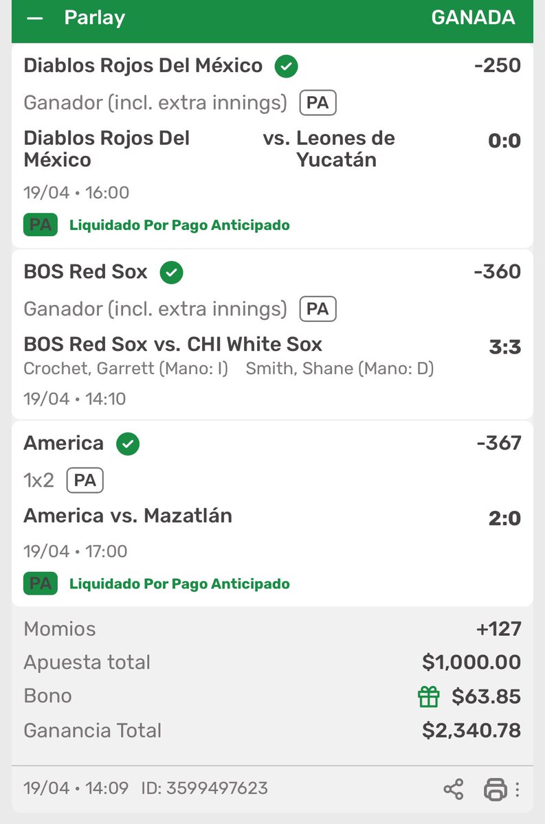 CarlosCorona07's tweet photo. ¡Que les dije malditos ! 🤑 
2 de 3 dieron PA 🔥 
A cobrar!!!💰 
#ApuestasDeportivas #Parley #FutbolMX #MLB #LMB #Playdoit #GanarDinero https://t.co/GxWYL0LxQU