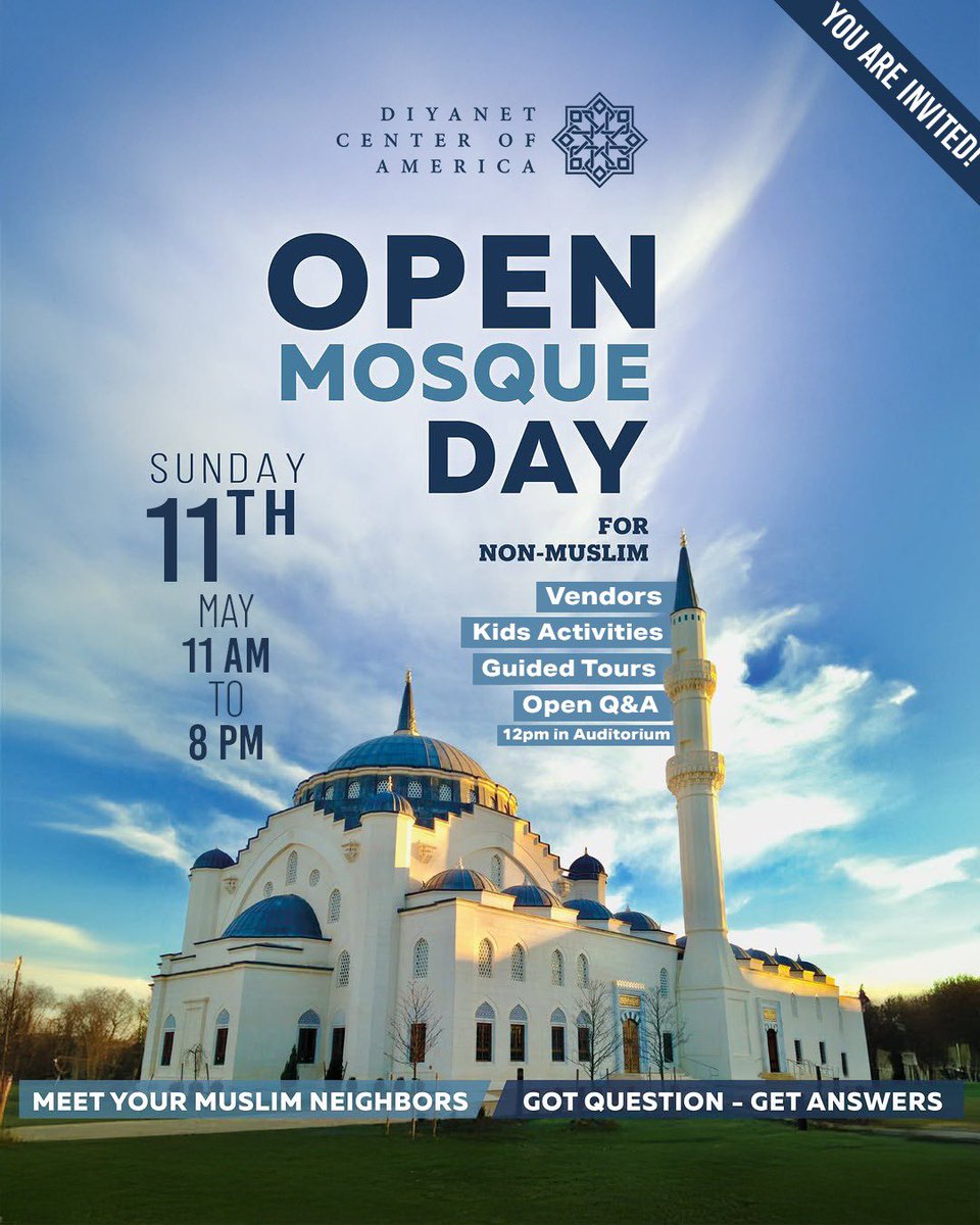 📣 Open Mosque Day — For Our Non-Muslim Friends &amp; Neighbors!
Sunday, May 11th | 11:00 AM – 8:00 PM
📍 Diyanet Center of America – 9610 Good Luck Rd, Lanham, MD

Please RSVP here: forms.gle/sWYZ9LcPgp9kzo…