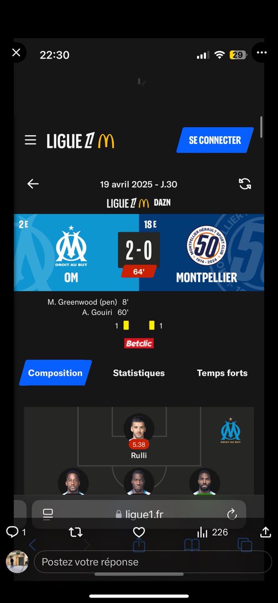Dpslouis's tweet photo. @Betclic qui ne valide pas mon pari alors que le But de Gouiri lui était attribué… dégoûté #OMMHFC https://t.co/9qSiABUhY9