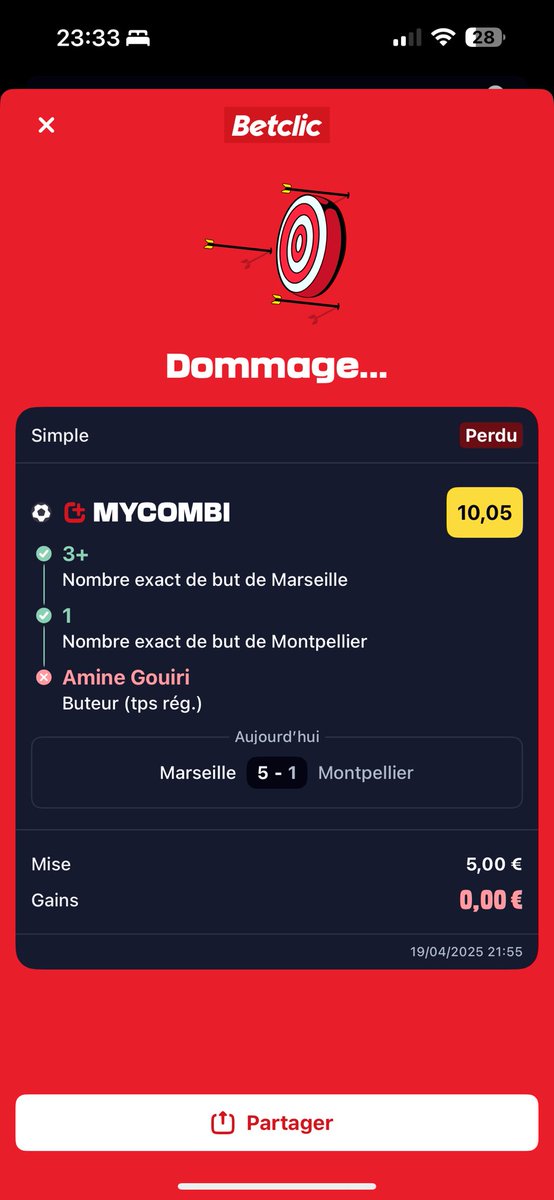 Dpslouis's tweet photo. @Betclic qui ne valide pas mon pari alors que le But de Gouiri lui était attribué… dégoûté #OMMHFC https://t.co/9qSiABUhY9