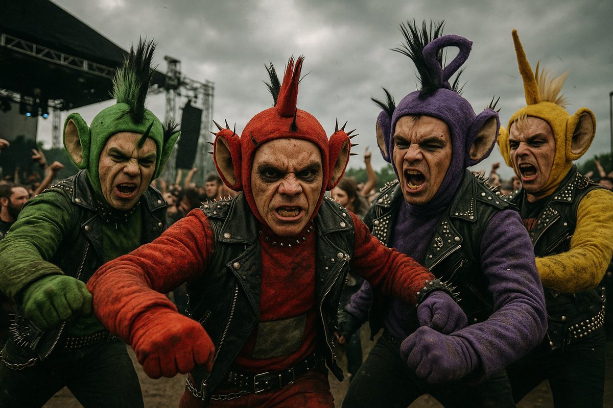 Anewweirdo's tweet photo. #Punk #Teletubbies at a punk festival. #AI #AIart #aiartcommunity #ChatGPT #Midjourney #OpenAI https://t.co/fVl1oSc6vz