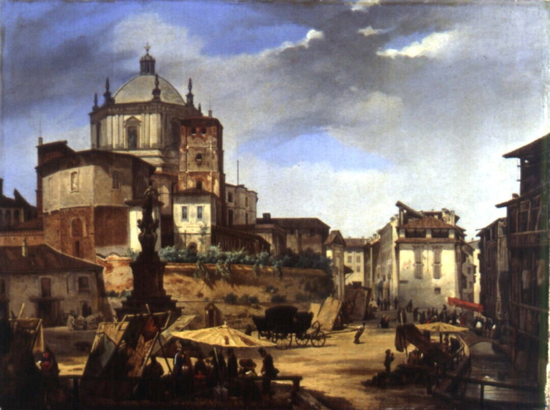 NotreMondial's tweet photo. Piazza Vetra in Milan (Arturo Ferrari, 1890) and 
View of Piazza della Vetra in Milan (Giuseppe Elena, 1833) https://t.co/FzBXcdKEIX
