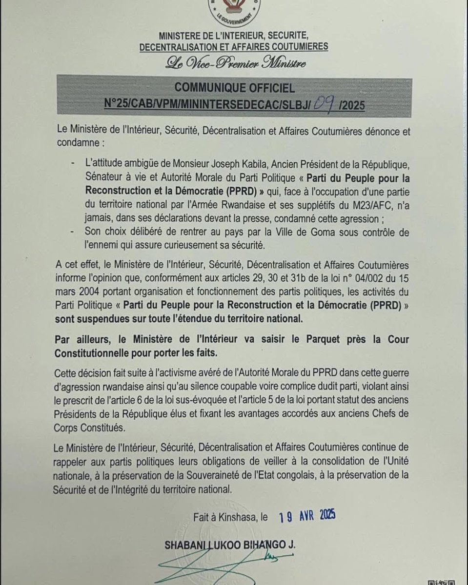 PlotinYambenga's tweet photo. #RDC:Le ministre de l’intérieur interdit les activités du PPRD , parti cher à Joseph Kabila sur toute l’étendue du territoire national. https://t.co/ivTB7lnmIB