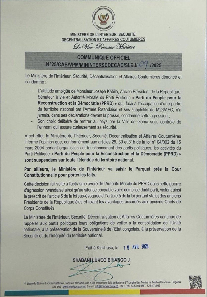 congozaire2030's tweet photo. #RDC Suspension des activités du PPRD sur toute l'étendue du territoire https://t.co/dwuqZOW8bP