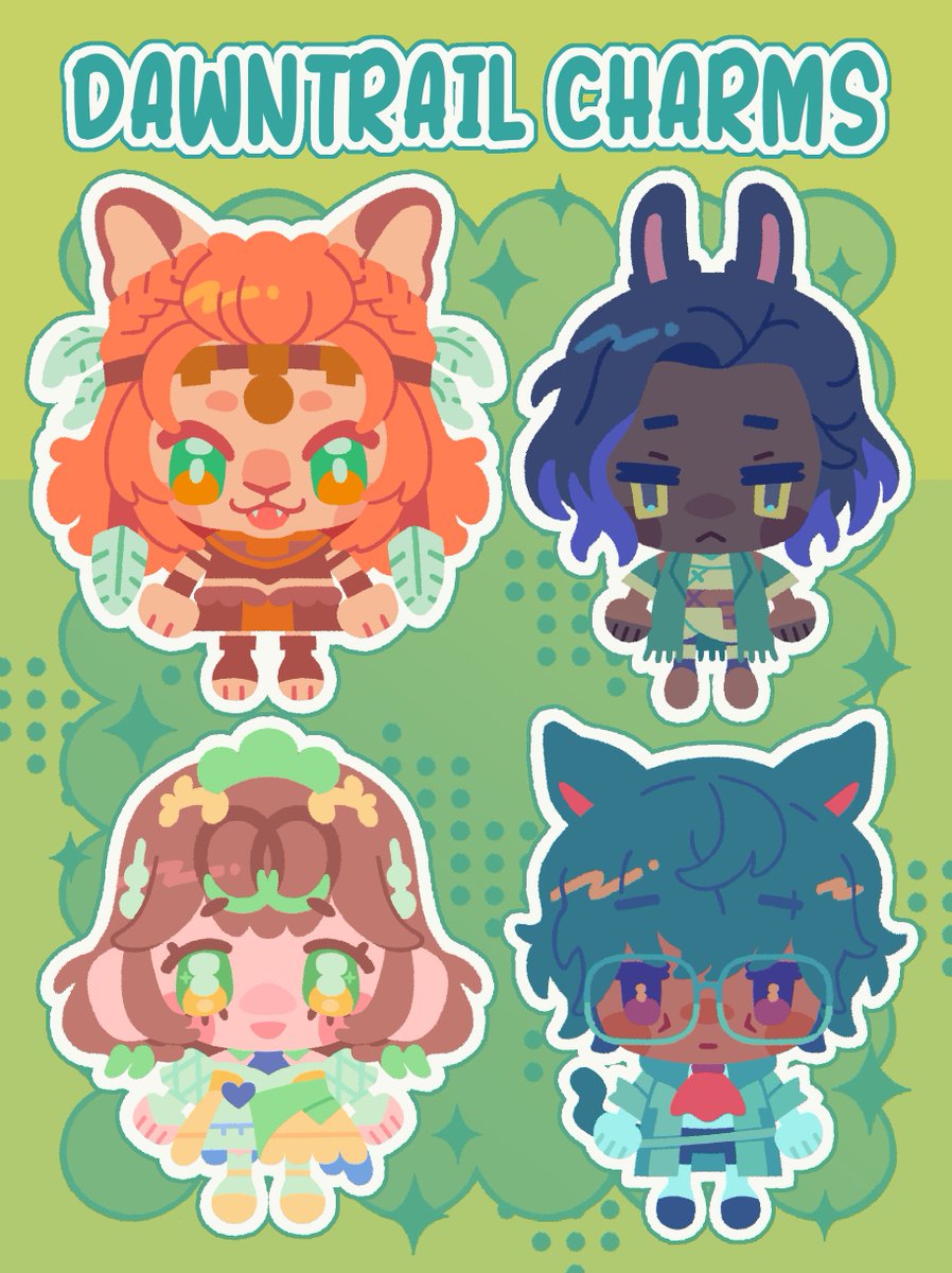 UP FOR PREORDER: dawntrail acrylic charms! ☀️ 2 inches, double-sided clear acrylic, your choice of wuk lamat, erenville, sphene, or koana. (shipping currently limited to the united states) ☀️ link to my shop below!