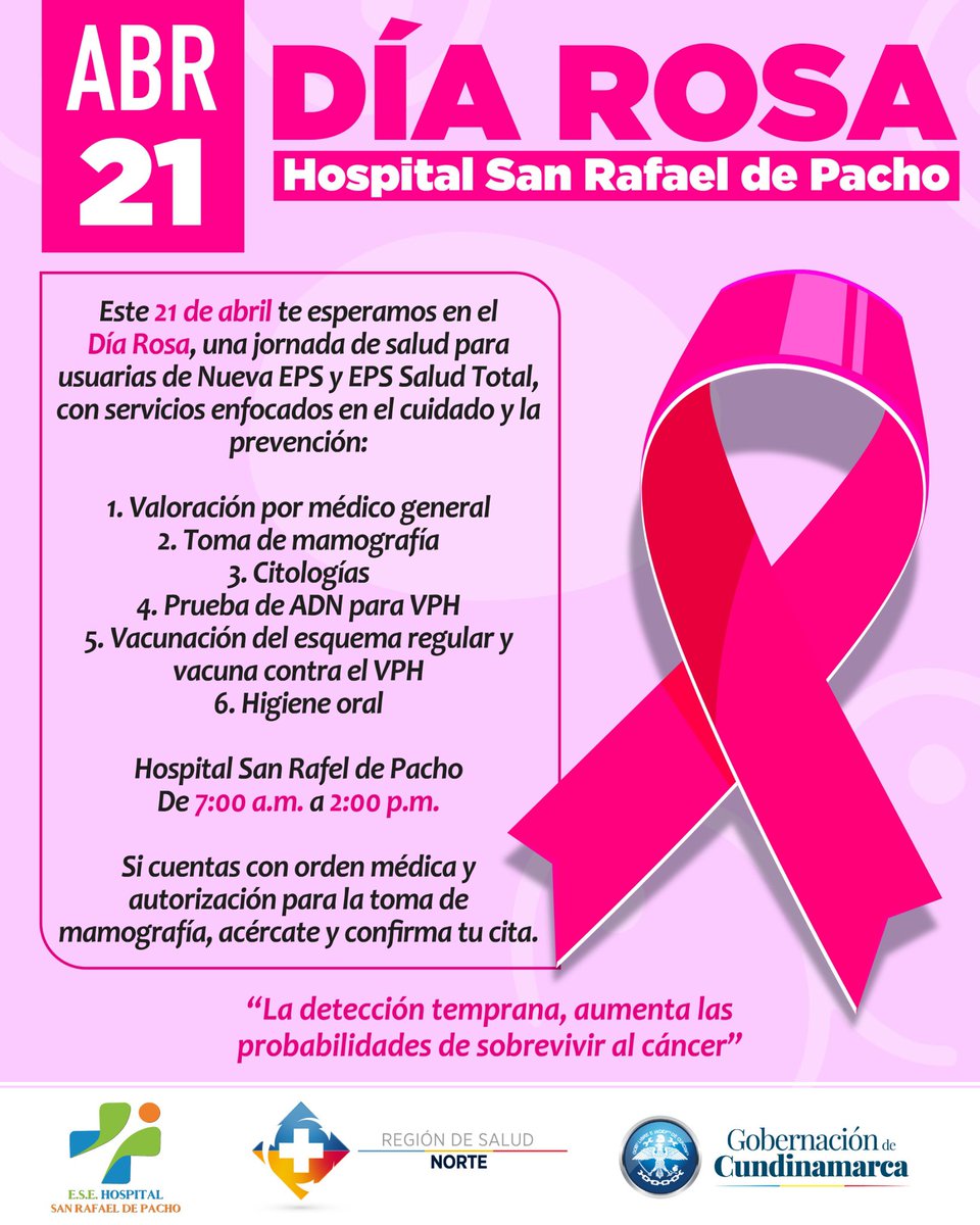 HospitalPacho's tweet photo. Este 21 de abril, celebremos juntas el Día Rosa en el Hospital San Rafael de Pacho!

Una jornada de salud para las mujeres afiliadas a Nueva EPS y EPS Salud Total, con servicios enfocados en el cuidado y la prevención.

Hospital San Rafael De Pacho #MásHumanoMásSeguro https://t.co/hAsZApvv6m