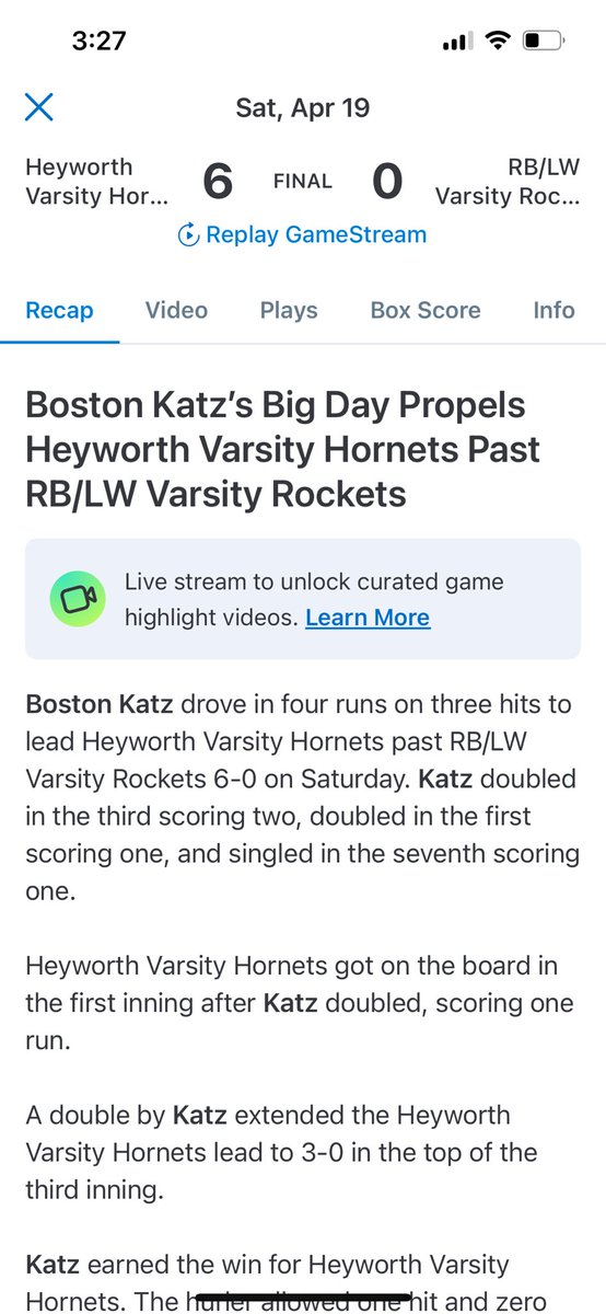 Bostonkatz7's tweet photo. I have had a solid outing on the mound so far this season 22 IP, 34 K’s, 19 H’s, 16R’s, 3 ER’s and a 0.955 ERA. On the mound today I pitched 6 innings allowing 1 hit and 0 runs, striking out 7 for my 100th Varsity career strikeout. At the plate, I went 3-for-4 with 4 RBI’s. https://t.co/tQYuk3eYRh