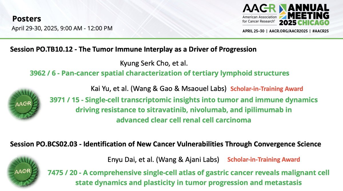 Linghua Wang, MD, PhD (@iamlinghua) on Twitter photo So proud of our team and trainees—5 Scholar-in-Training Awards 🎉and amazing posters to share at #AACR25! <a href="/humam_kadara/">Humam Kadara</a> <a href="/PavlosMsaouel/">Pavlos Msaouel</a> <a href="/JafferAjaniMD/">Jaffer Ajani</a> & JJ Gao Grateful for support from <a href="/theNCI/">National Cancer Institute</a> <a href="/NIHFunding/">NIH Funding</a> <a href="/break_cancer/">Break Through Cancer</a> <a href="/CPRITTexas/">CPRIT</a> <a href="/MDAndersonNews/">MD Anderson Cancer Center</a> So proud of our team and trainees—5 Scholar-in-Training Awards 🎉and amazing posters to share at #AACR25! <a href="/humam_kadara/">Humam Kadara</a> <a href="/PavlosMsaouel/">Pavlos Msaouel</a> <a href="/JafferAjaniMD/">Jaffer Ajani</a> & JJ Gao Grateful for support from <a href="/theNCI/">National Cancer Institute</a> <a href="/NIHFunding/">NIH Funding</a> <a href="/break_cancer/">Break Through Cancer</a> <a href="/CPRITTexas/">CPRIT</a> <a href="/MDAndersonNews/">MD Anderson Cancer Center</a>