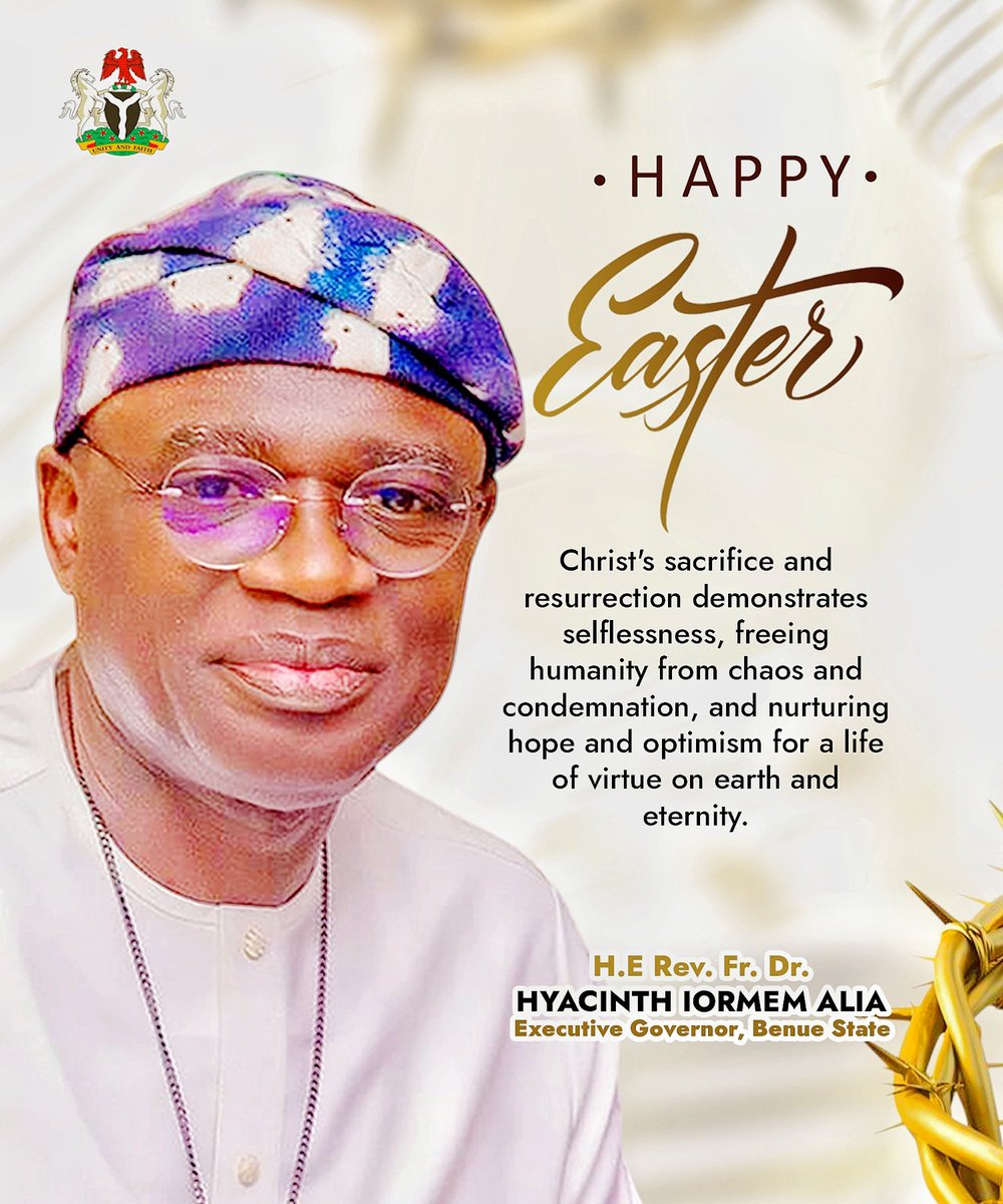 tersoo_kula's tweet photo. #aliatheepitomeofgoodgovernance 
Press Statement 

GOVERNOR ALIA FELICITATES WITH CHRISTIANS ON EASTER 

Saturday, April 19th, 2025

Governor @HyacinthAlia, felicitates with the Christian faithful in the state and across the nation, for commemorating another Easter, marking the death, burial and resurrection of Jesus Christ for the salvation of mankind.
The Governor says Christ's sacrifice and resurrection demonstrates selflessness, freeing humanity from chaos and condemnation, and nurturing hope and optimism for a life of virtue on earth and eternity.
He regrets that this year’s Easter is being marked at a time the State has come under several attacks, assuring that his administration is doing everything within its power in collaboration with security agencies, to ensure the safety of all the Benue people.
He calls for collaboration amongst the people of the State in order to be able to defeat the forces of evil, who are bent on causing pain and agony to the innocent people of the State and across the country.
The Governor solicits for prayers, love for one another, forgiveness, sacrifice and reconciliation, which he says are the dominant virtues that Jesus Christ bequeathed to mankind as a result of his death, burial and resurrection.
He prays for God's grace and blessings over the people of the state, during and after the period of the Easter celebration.

Sir Tersoo Kula, MNIPR,
Chief Press Secretary to the Governor of Benue State.
