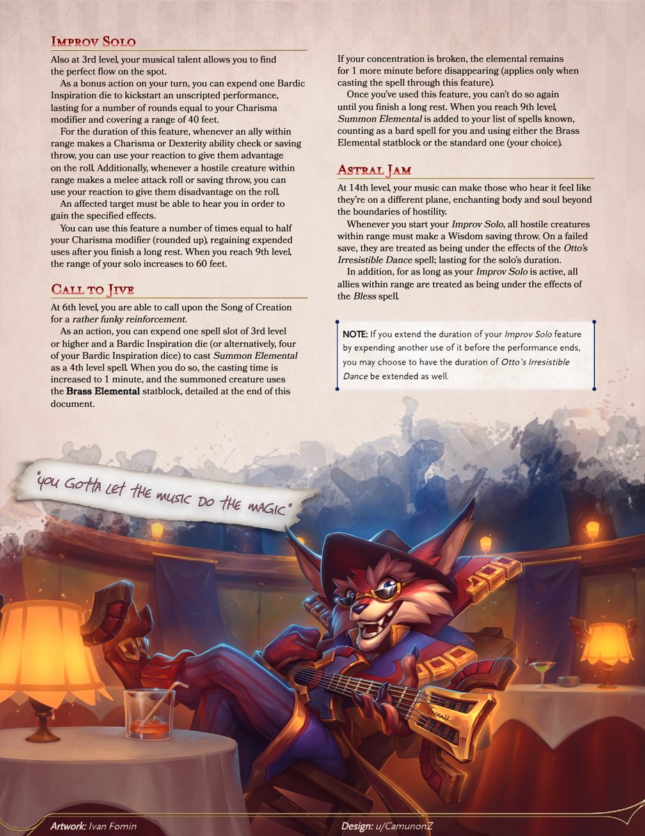 CamunonZ's tweet photo. BARD: COLLEGE OF JAZZ
Let music do the magic as the swing of rhythm envelops all around you!
- Originally released on September 2023
PDF: https://t.co/0l3PNv61dW
#dungeonsanddragons #DnD #dnd #5e #dnd5e #homebrew #TTRPGs #ttrpg #subclass #bard #jazz #jazzage #rhythm https://t.co/rsBhdUXiQY