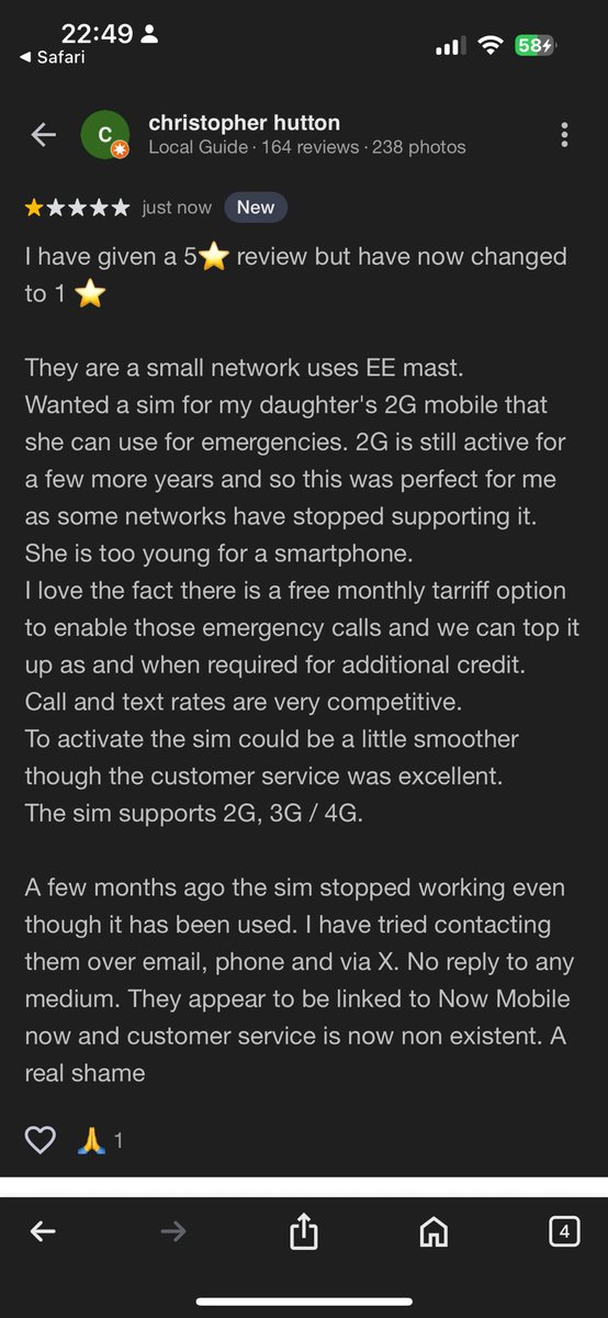 chrismhutton's tweet photo. @rwgcomms @NowMobileUK 

Why does no one assist? My google review has changed from 5⭐️ to 1⭐️

A massive shame .. what has happened to the mobile and customer service please? https://t.co/k6vtlMxmqn