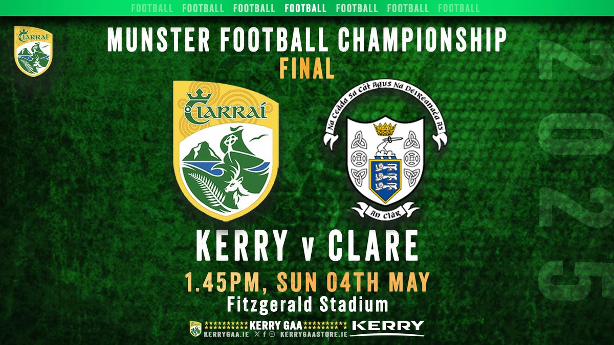 🏐 Kerry play Clare in the 2025 Munster Senior Football Championship Final.  

MATCH TICKETS (when uploaded) munster.gaa.ie/fixtures/munst…

#WeAreKerry #CiarraíAbú
