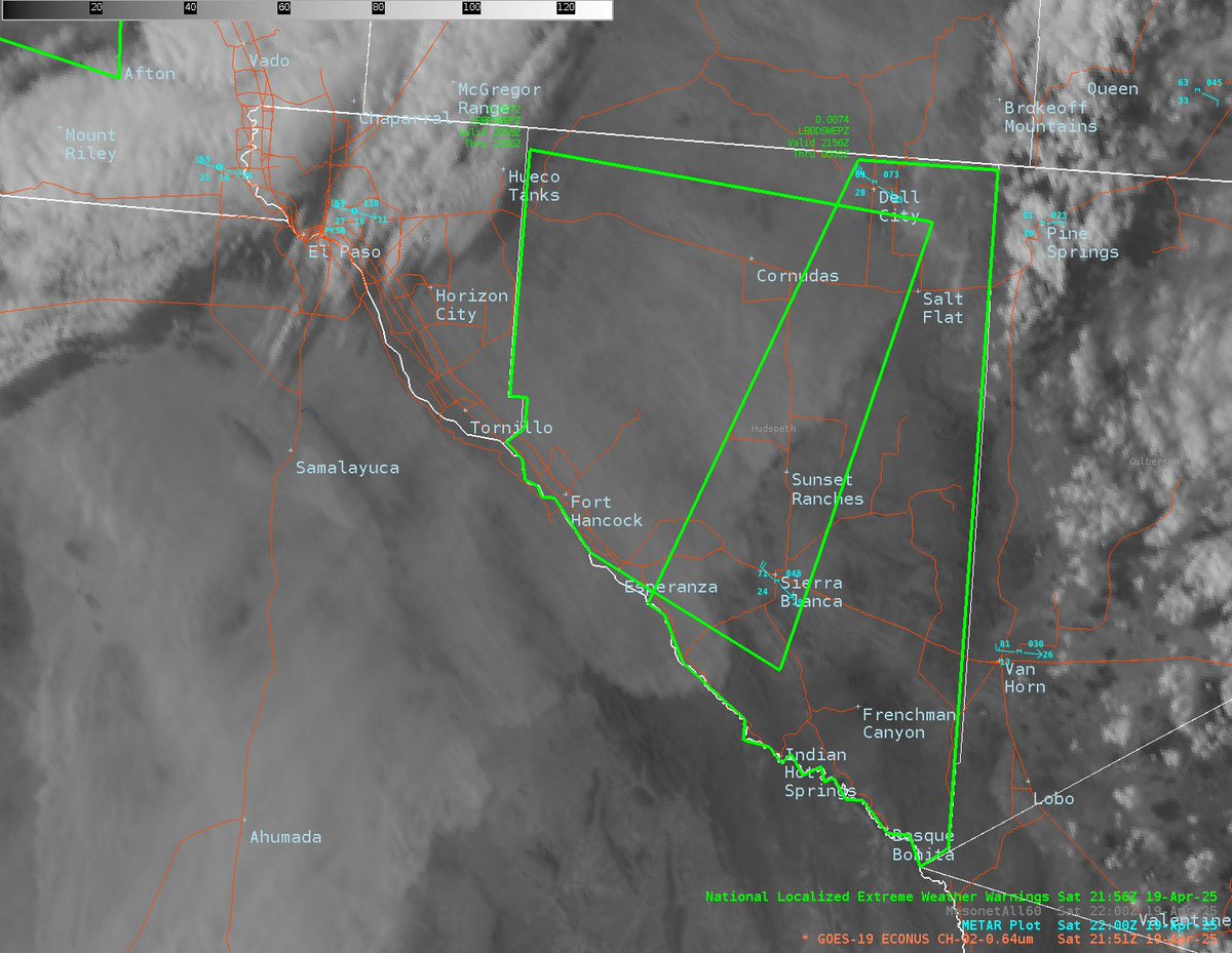 3:57 PM MDT 4/19: Dust storm warning expanded across the remainder of Hudspeth County #TXwx including much of the I-10 corridor between Van Horn and Sierra Blanca. Haboob-type dust storm racing east at 35 mph.