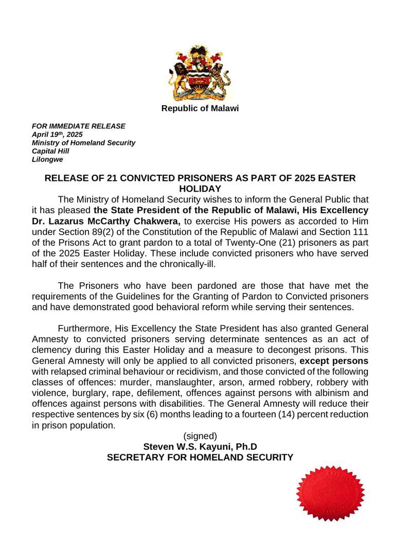 skayuni's tweet photo. Happy Easter everyone, exercise of presidential prerogative: An act of clemency and decongestion to the Malawi Prisons. #humangood #pardon #malawi https://t.co/71ZUgeAInc