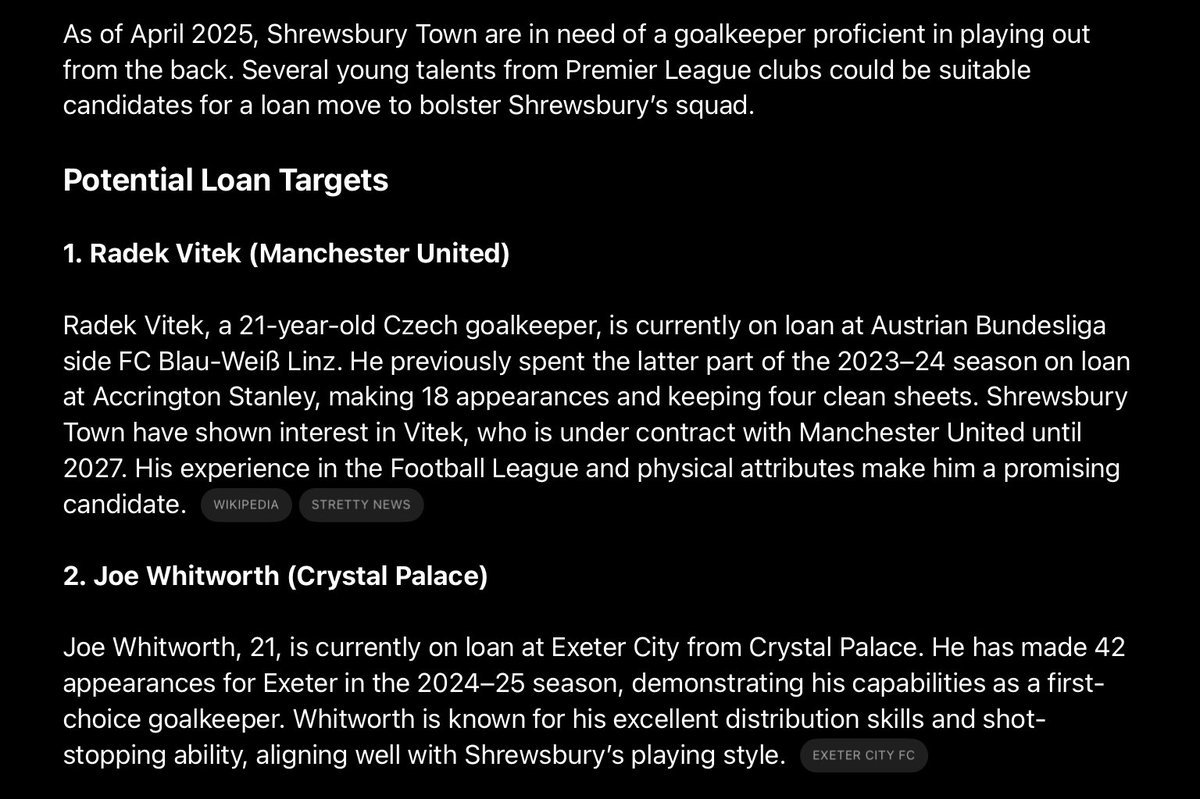 Having been considering the need for a DoF or not I asked ChatGPT to recommend a loan signing goalkeeper, is is the reply. Note it says Shrewsbury have already shown interest in Vítek, does anybody know if that interest is historical?