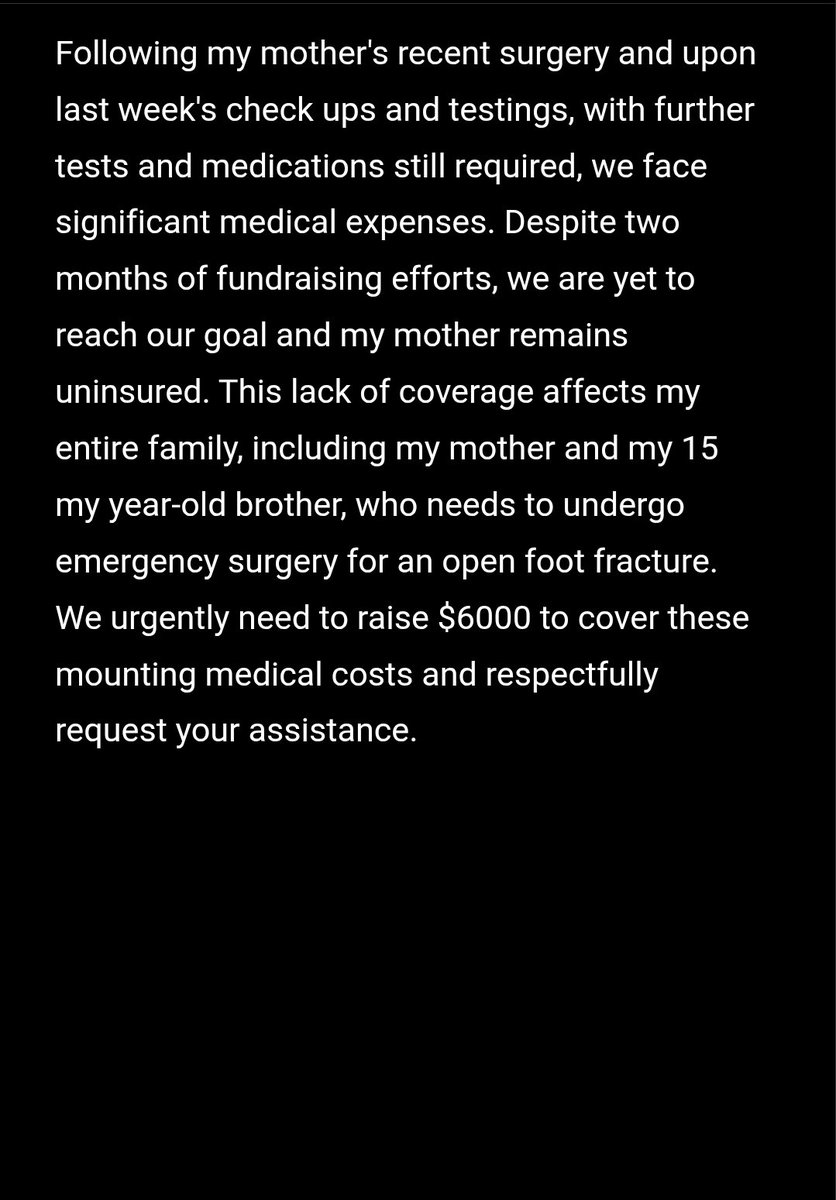 BMOdehufflepftt's tweet image. 🛑🛑🛑
We're overdue already and there still $3380 more to raise
This is urgently needed for both my mother's post-surgery tests -that are 2 months late- and my 15 yo brother's open fracture surgery
Please DONATE & SHARE 🙏 🙏 🙏
gofund.me/f2ee57c1