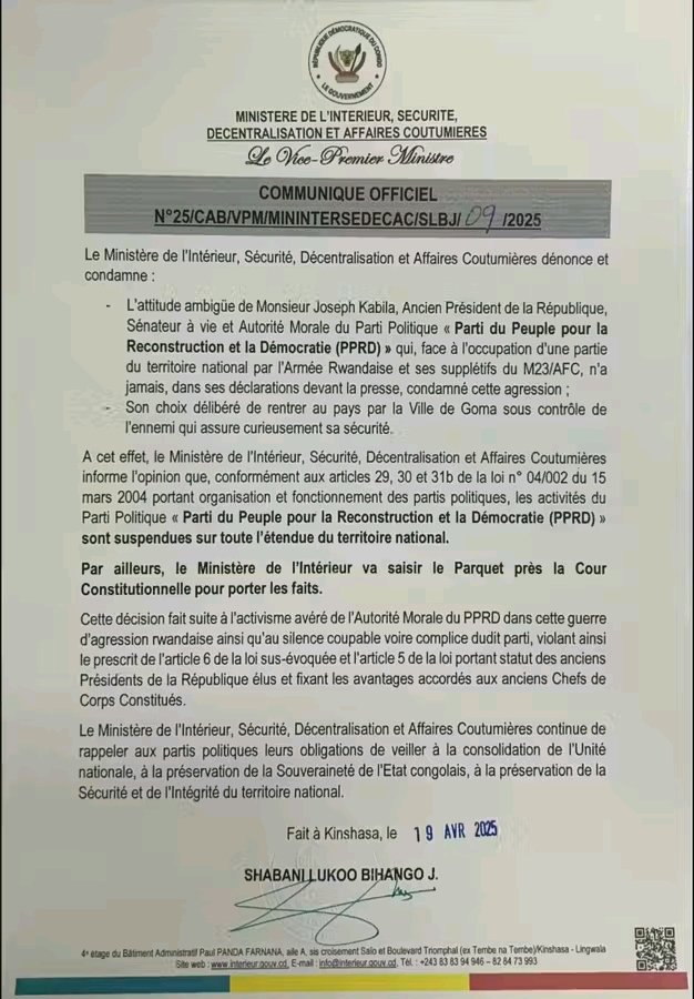 Le « Parti du Peuple pour la Reconstruction et la Démocratie » PPRD est suspendu de toutes activités sur toute l'étendue du territoire national.

[COMMUNIQUÉ]
<a href="/central_sage/">ᏟᎬᏁᎢᏒᎪᏞ👑🇨🇩</a> <a href="/DeniseNyakeru/">Denise NYAKERU TSHISEKEDI</a> <a href="/Presidence_RDC/">Présidence RDC 🇨🇩</a> <a href="/Com_mediasRDC/">Ministère de la Communication et Médias/RDC</a> <a href="/PrimatureRDC/">Primature de la République Démocratique du Congo</a> <a href="/DidierBudimbu/">Didier Budimbu Ntubuanga</a> <a href="/MartinSOLO4/">Martin SOLO</a> <a href="/GraceBilolo/">Grâce masuangi bilolo</a>