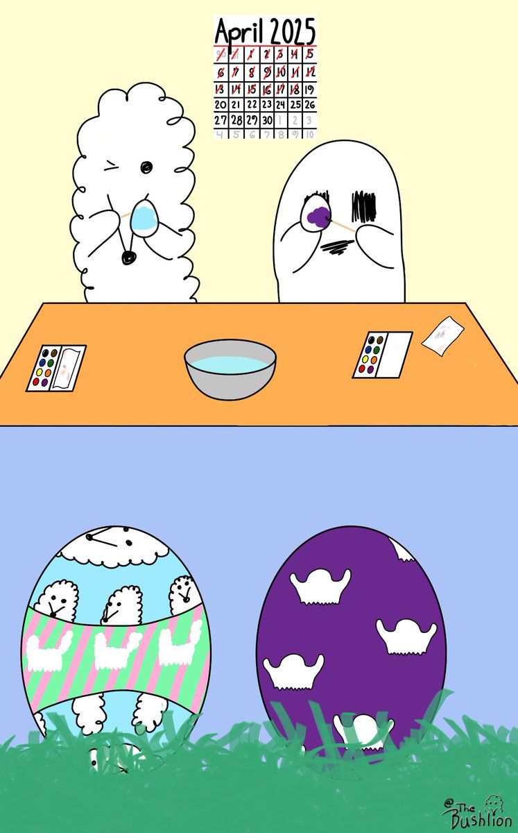 TheBushlion's tweet photo. The Bushlion and Ghosty had fun painting their eggs today! Happy Easter! 🖌️🥚🐰
#ゆるいイラスト#Easter2025 https://t.co/UiiYuwrbXd