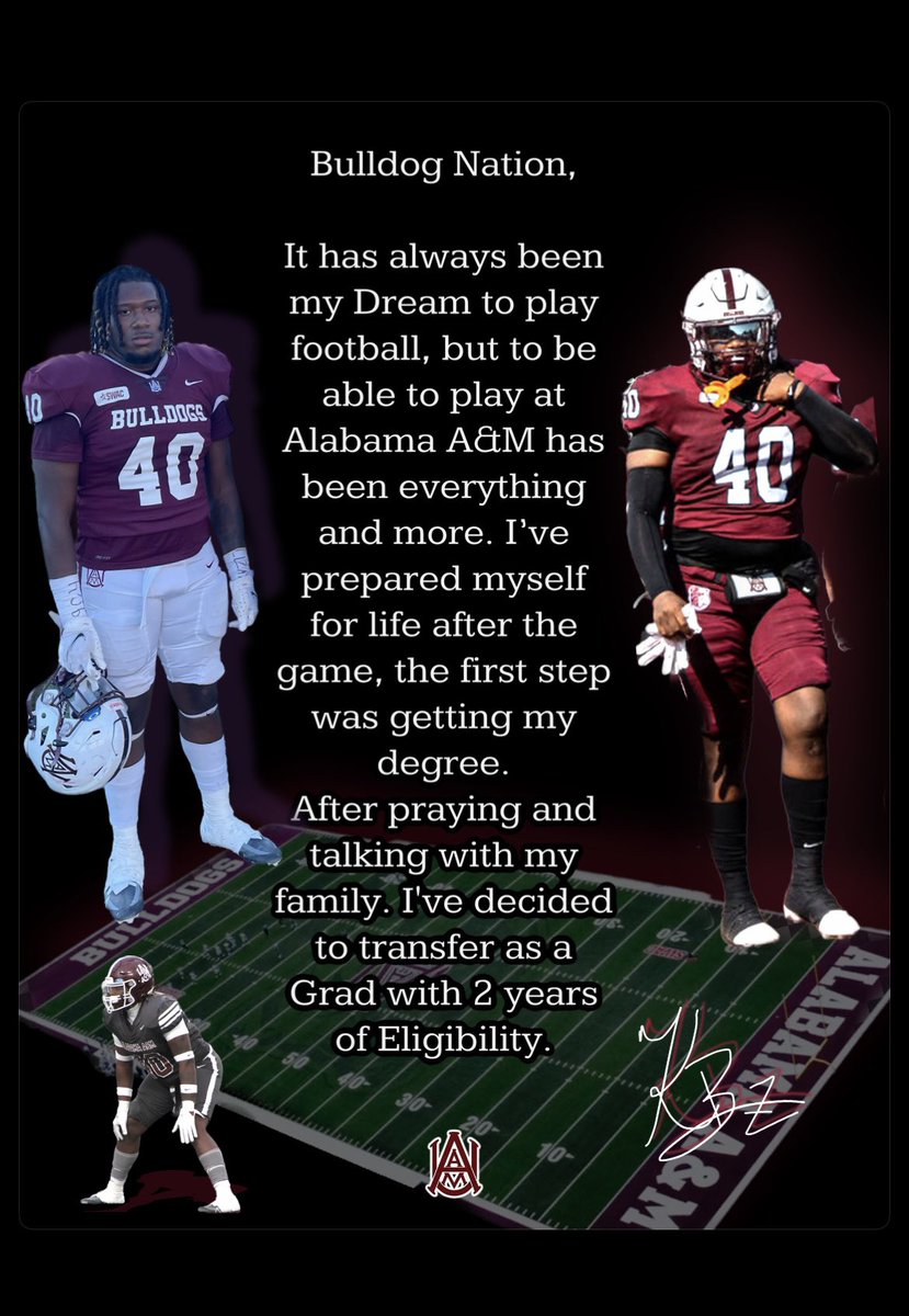 Kobe  Brown (Tight End/H-Back) from Alabama A&amp;M enters the transfer portal with 2-years of eligibility remaining