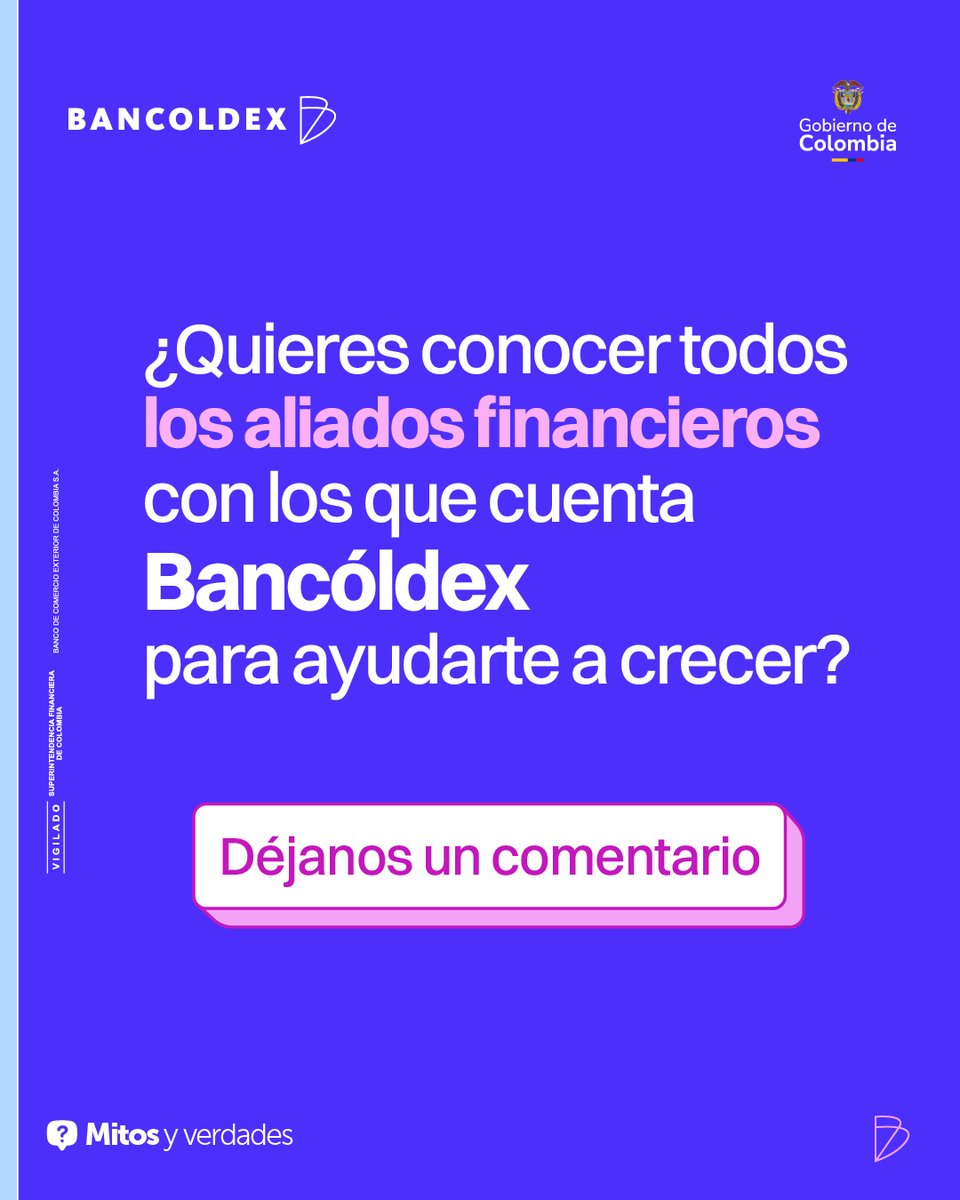"Los bancos solo prestan a grandes empresas." Falso ❌.
Existen muchas opciones de financiamiento para #micronegocios y pymes: microfinancieras, cooperativas, fintech y más. Conoce todos los aliados financieros de Bancóldex aquí 👉 bancoldex.com/es/node/4289/