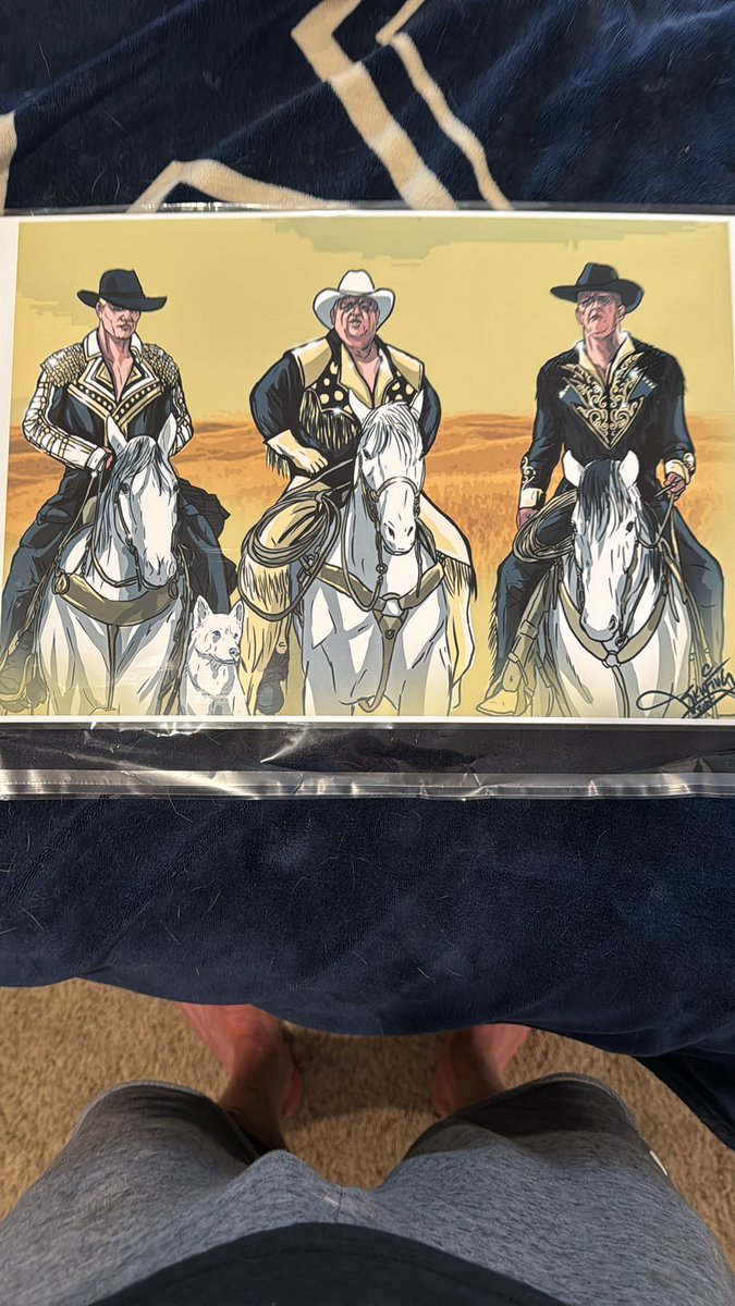 dustinrhodes's tweet photo. An artist at #WrestleCon gave me this yesterday. 
2 things. 
-why is my horse small
-why is #Beast not in this pic.
Love it and thanks https://t.co/lbwdsNMdta