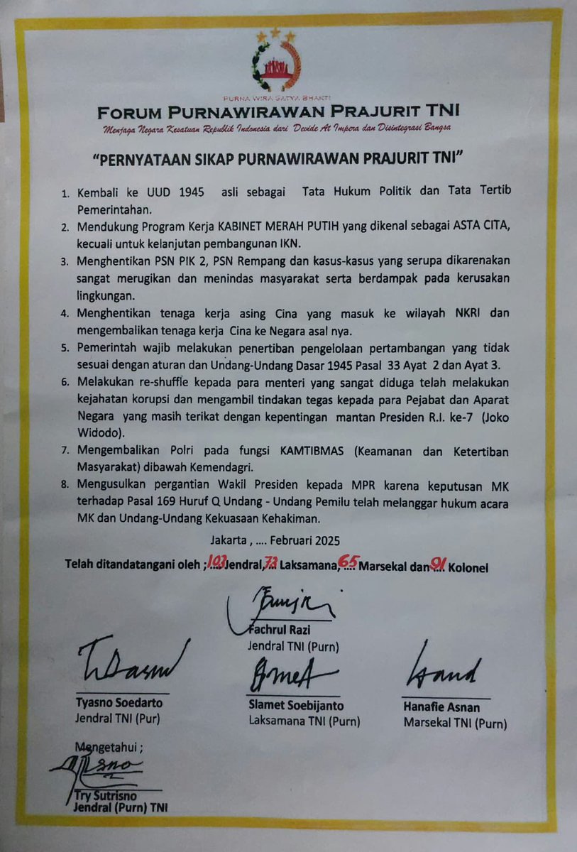 msaid_didu's tweet photo. Setelah membaca 8 (delapan) butir pernyataan sikap lebih dari 200 pensiunan Jendral TNI yg ditandatangani antara lain oleh Jendral TNI (Purn) Tri Soetrisno, jadi teringat permintaan pak Tri ke saya thn 2019 agar saya terus menyuarakan kebenaran - disaksikan alm Pak Sarwono https://t.co/vV1zt0fpek