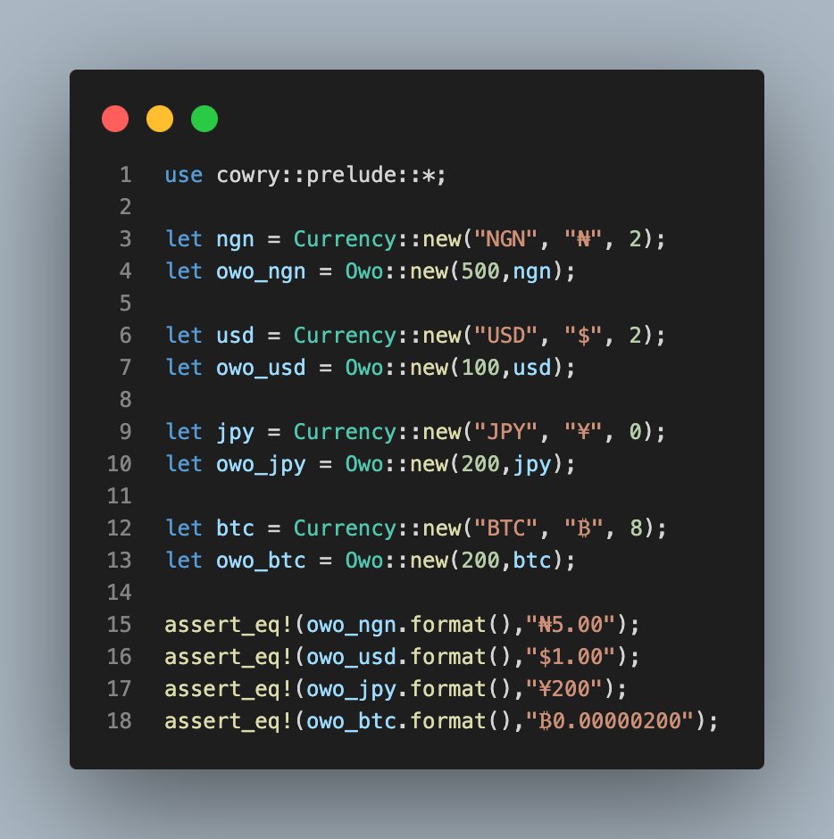 Mattkayvic's tweet photo. Hurray 🎉,
I just published a rust crate.
Cowry is a robust and flexible money type written in Rust, designed to represent and manipulate monetary values accurately using minor units (like cents, kobo, or satoshi). It supports multiple currencies, rounding modes, arithmetic ops. https://t.co/9VphgdwuGd