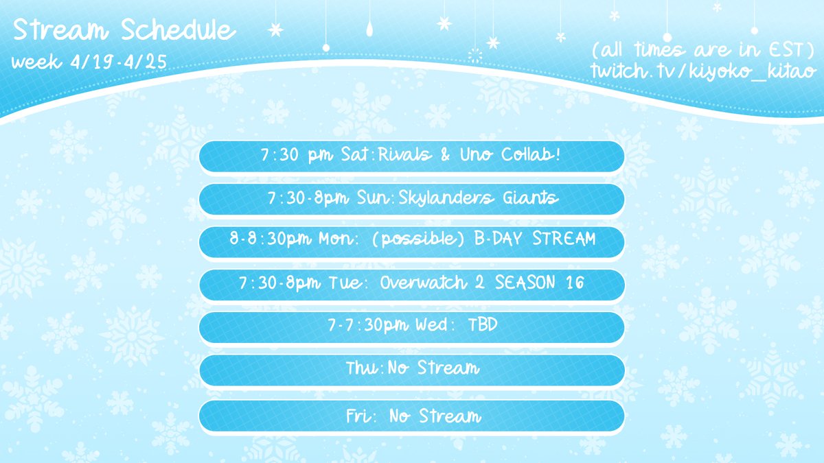 WEEKLY SCHEDULE TIME!!!!!!
monday's stream is a maybe, since it is my birthday and im unsure if ill be able to stream... BUT DAMNIT IMA TRY!!!
also wednesday's stream is most likely gonna be R.E.P.O
(schedule by <a href="/hyokarii/">Hyokari ❤️ VTuber & Artist</a>)