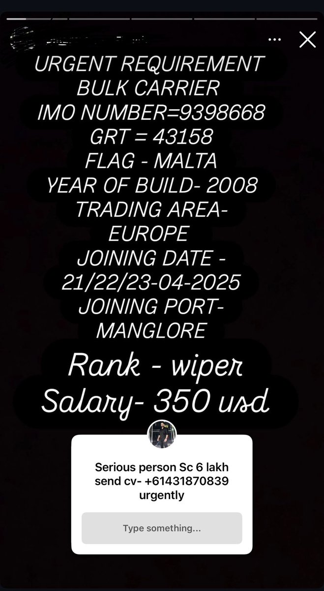 rishabhamresh1's tweet image. !! Attention !!
Candidates who want to join Merchant navy.
Dont Fall Under SERVICE CHARGE scam by any individuals.
On social media many out there who r offerring this service charge things for getting job on ships.
Do Not Get In Trap.@dgshipping_IN 
@shipmin_india