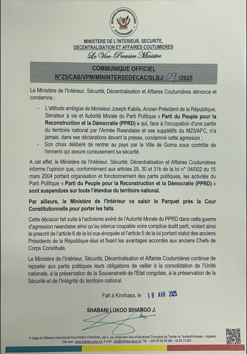 FreddyMuamba14's tweet photo. 🚨Communique officiel.
Les activités du PPRD sont suspendues sur toute l’étendue du territoire national.
@shabani_lukoo https://t.co/SuTsJF78iE