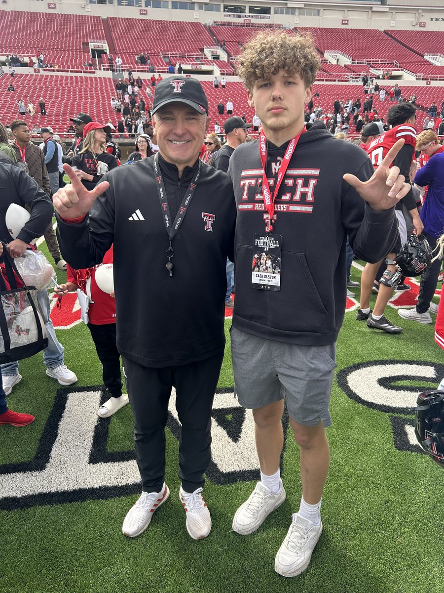 CashElston11's tweet photo. Had a great time at the @TexasTechFB spring game! Got some great insight and coaching points, Can’t wait to be back for summer! Thank you @JoeyMcGuireTTU
#GunsUp

@CoachArteaga @COACHJUICE_ @CoachKennyPerry @CoachCochranTTU @BenjaminGolan @CoachEstes_ @CoachTeachey1 @BnanceTTU https://t.co/gKNb54A7l6