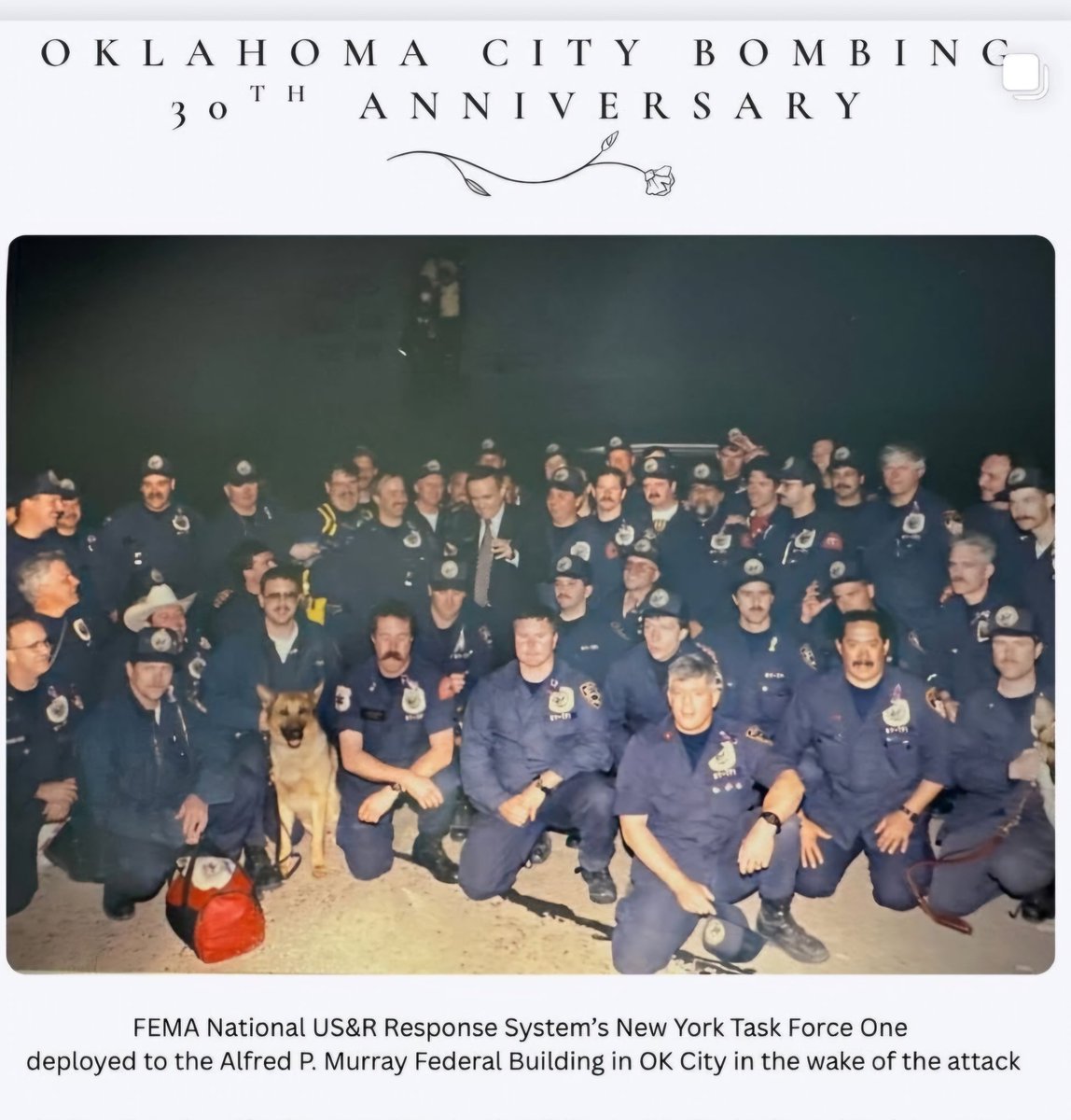 Newtonrescue1's tweet image. 30 Years ago today. 
Oklahoma City Bombing of the Federal Building. 

The 1st FEMA URBAN SEARCH AND RESCUE TASK FORCE Deployment led by  at the time, Captain Ray Downey of FDNY Rescue 2 Brooklyn. 
Remember all who were part of this terrorist attack tragedy. 🇺🇲
@FDNY @fema @FDNYFC